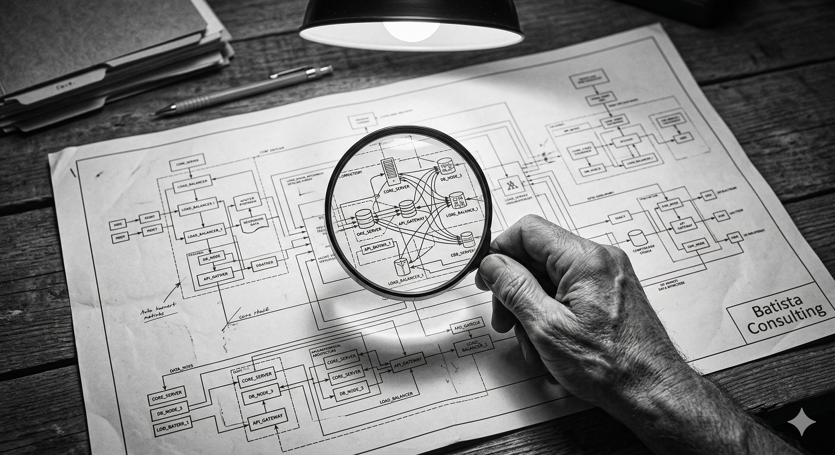 Black-and-white photograph of an experienced hand holding a magnifying glass over a complex, printed system architecture blueprint spread across a wooden desk. The glass magnifies a specific cluster of nodes and lines. Hard, high-contrast lighting from a single overhead source. Sharp focus on the magnified area of the paper and the texture of the hand. No faces, no logos, no text except "Batista Consulting" branding bottom-right.