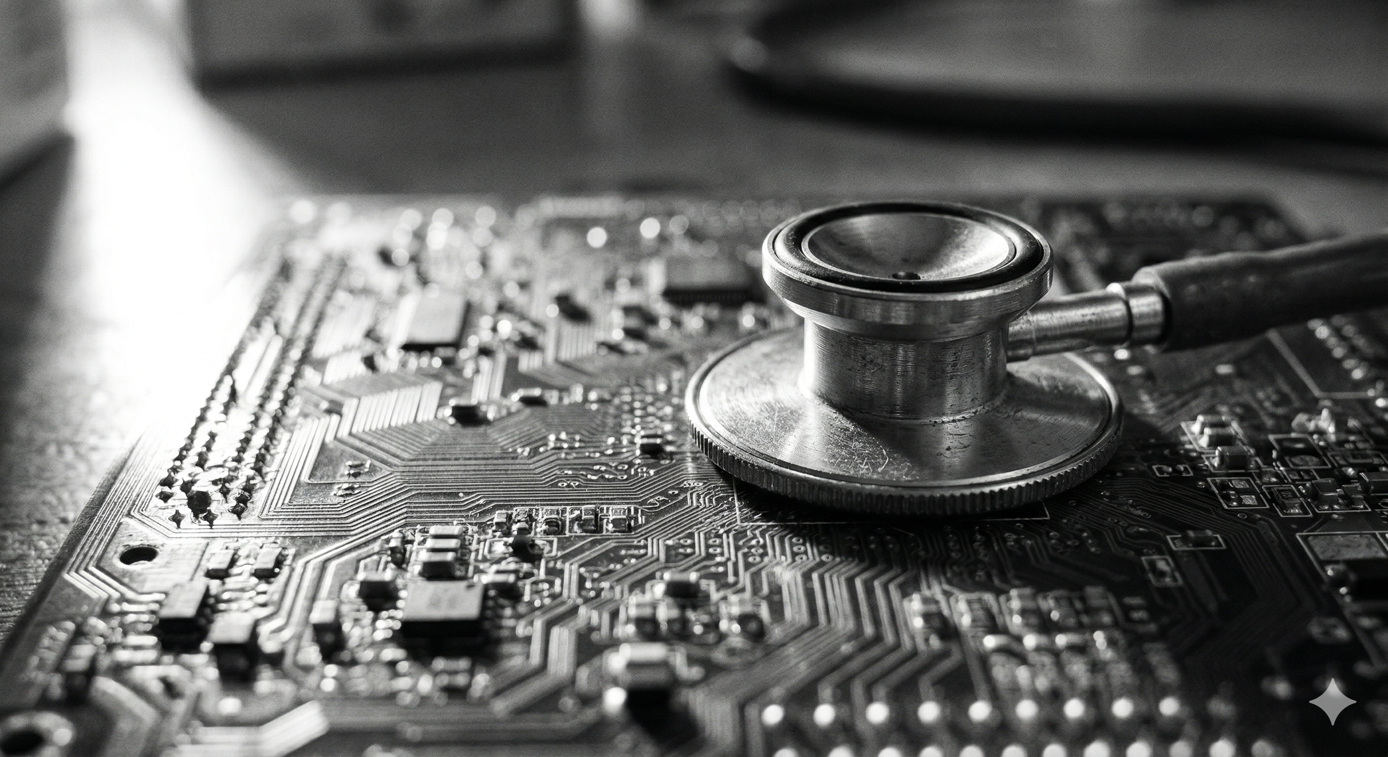 Black-and-white macro photograph of a pair of vintage metal precision calipers measuring the thickness of a modern microchip seated on a dense circuit board. Sharp focus on the scale of the calipers and the texture of the silicon. Dramatic, low-angle directional light creating long shadows across the board. Shallow depth of field blurring the background components. No faces, no logos, no text except "Batista Consulting" branding bottom-right