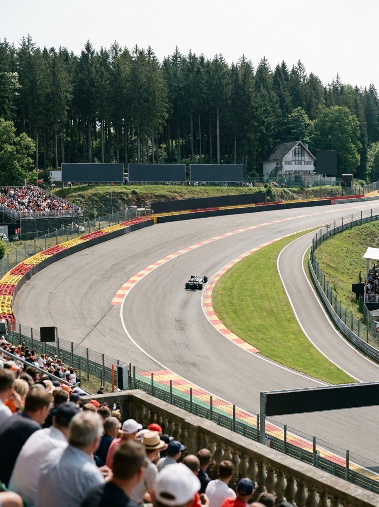 Open grandstand seating overlooking the track at Circuit de Spa-Francorchamps in the Ardennes