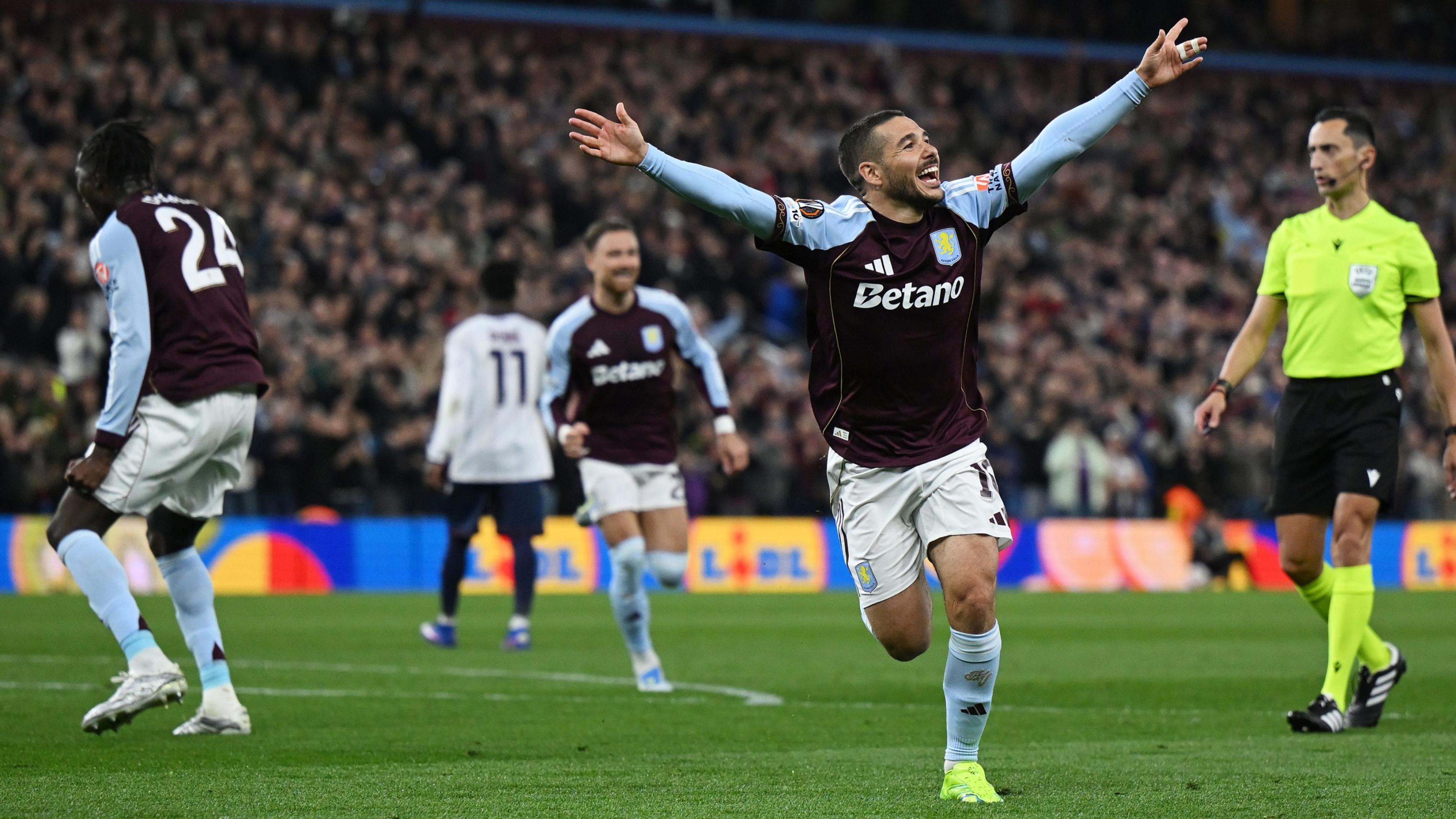 John McGinn celebrates at Villa Park during an Aston Villa hospitality night in the Europa League.