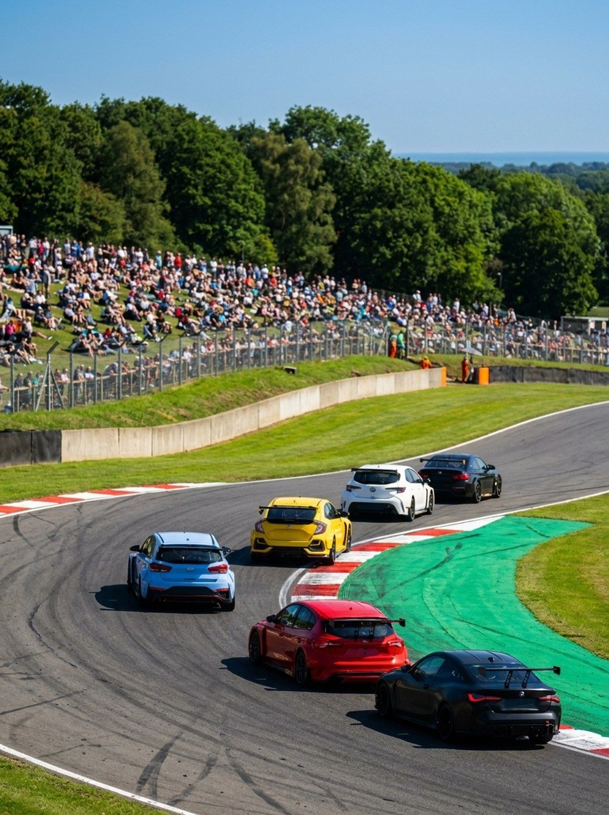 A pack of touring cars racing through a corner complex at Brands Hatch Grand Prix circuit under a blue sky, with spectators on the grass banking and Kentish woodland behind.