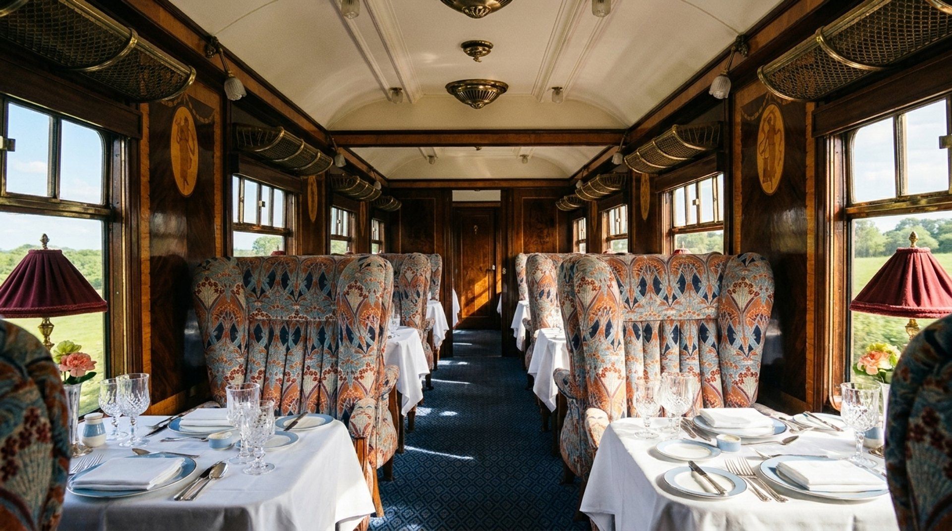 Vintage luxury train dining carriage with marquetry panelling, wing armchairs and tables laid in white linen.