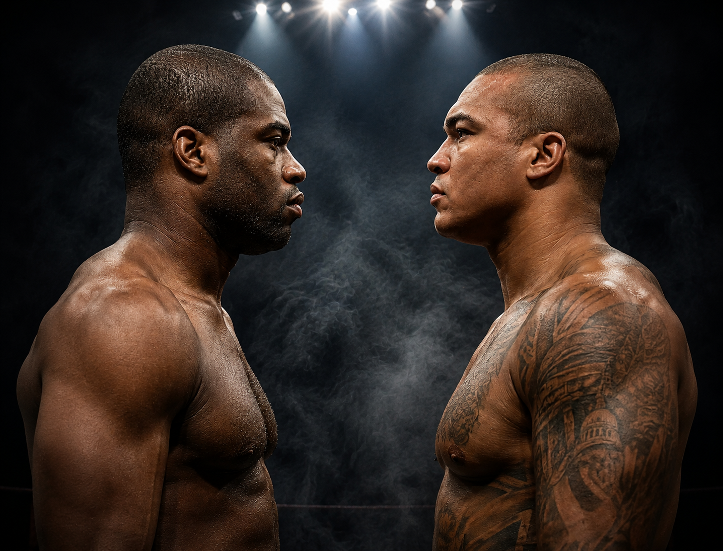 Two muscular boxers stare down in a smoky arena for a premier boxing hospitality event face-off.