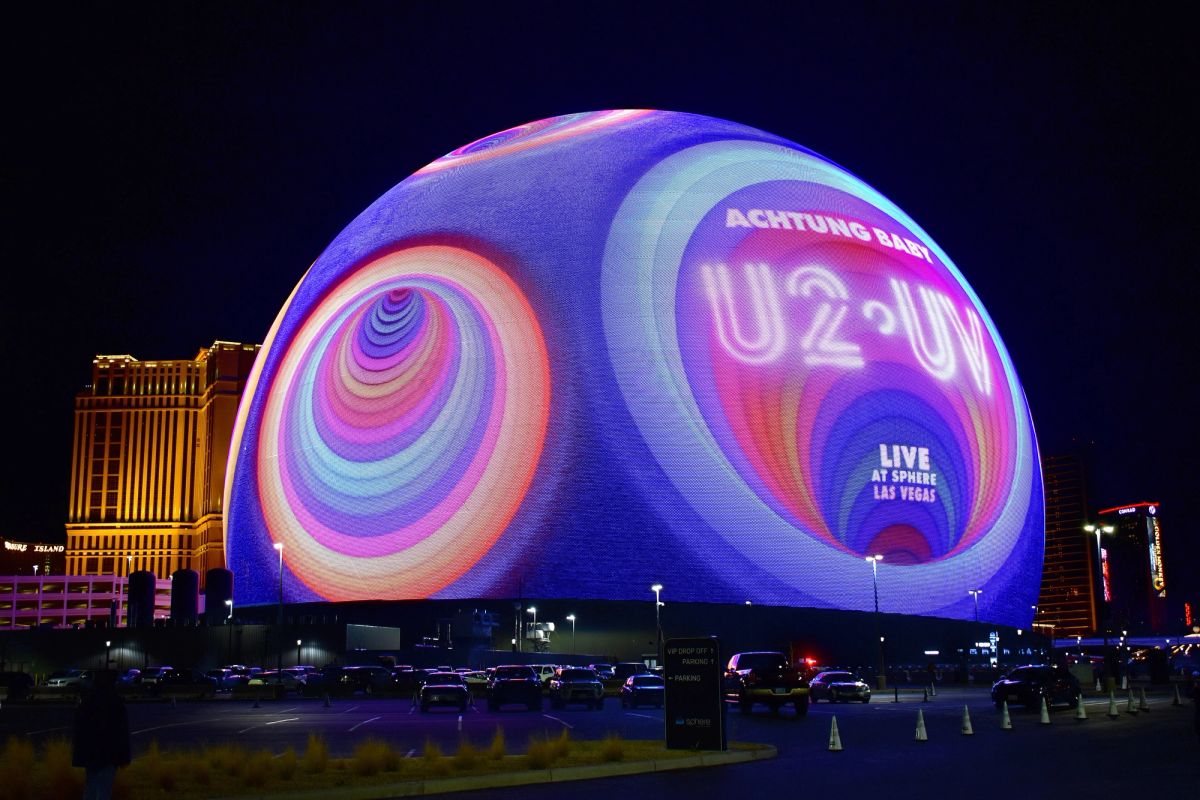 The outside of the Sphere in Las Vegas showing U2:UV Achtung Baby branding in January 2024