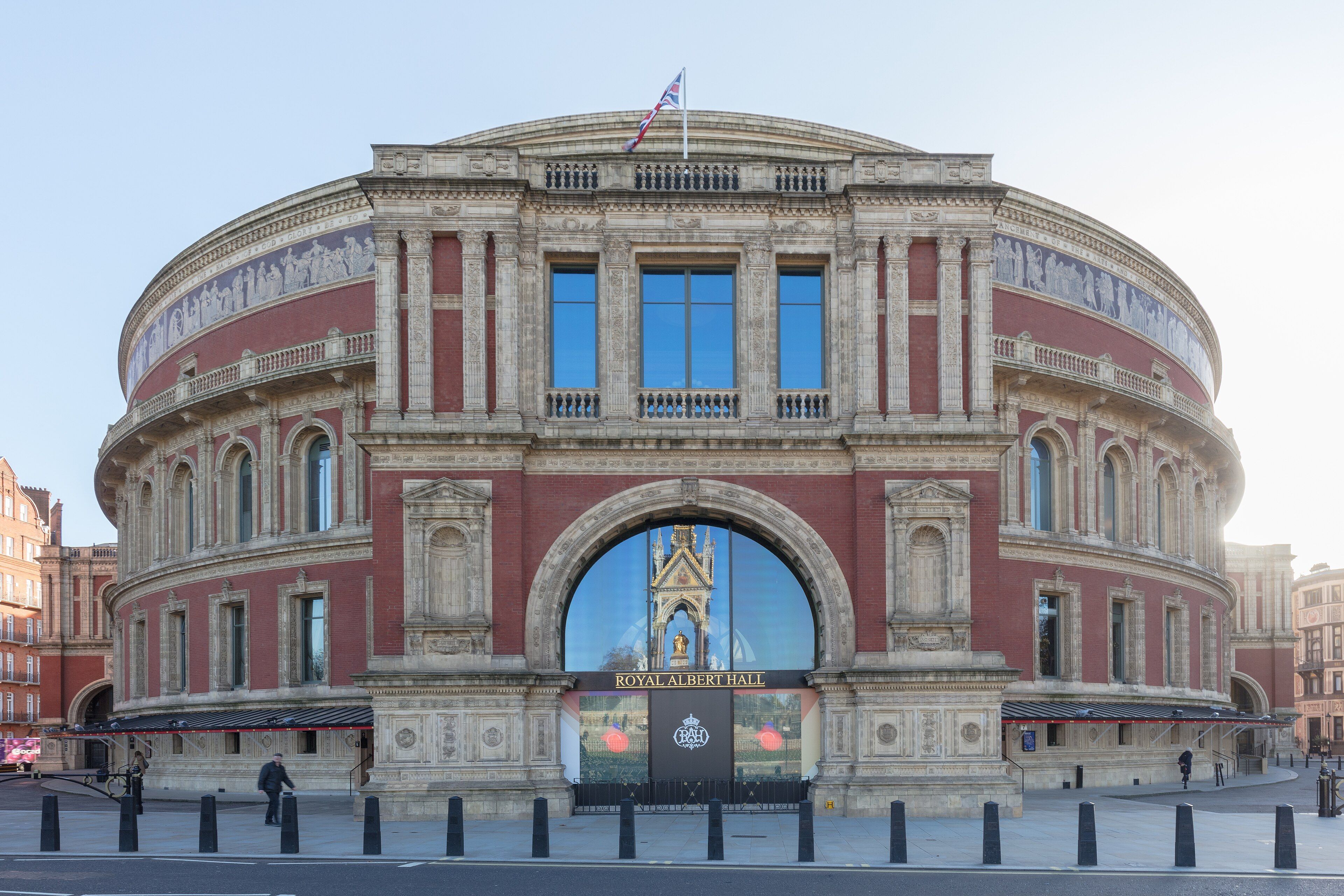 The red brick and terracotta exterior of the Royal Albert Hall in London, November 2022