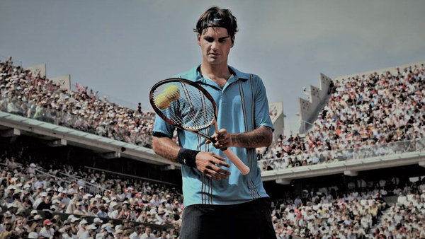 Roger Federer playing tennis, focused with Nike gear, before a stadium full of fans.