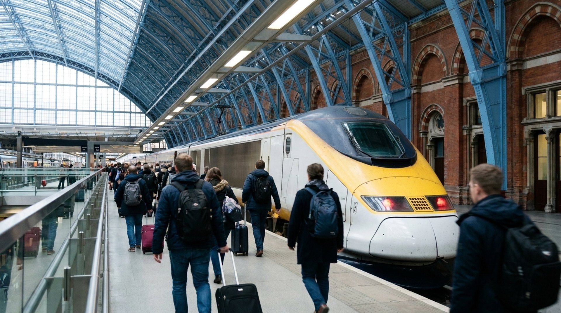 A high speed train at a London station trainshed with travellers heading for Brussels
