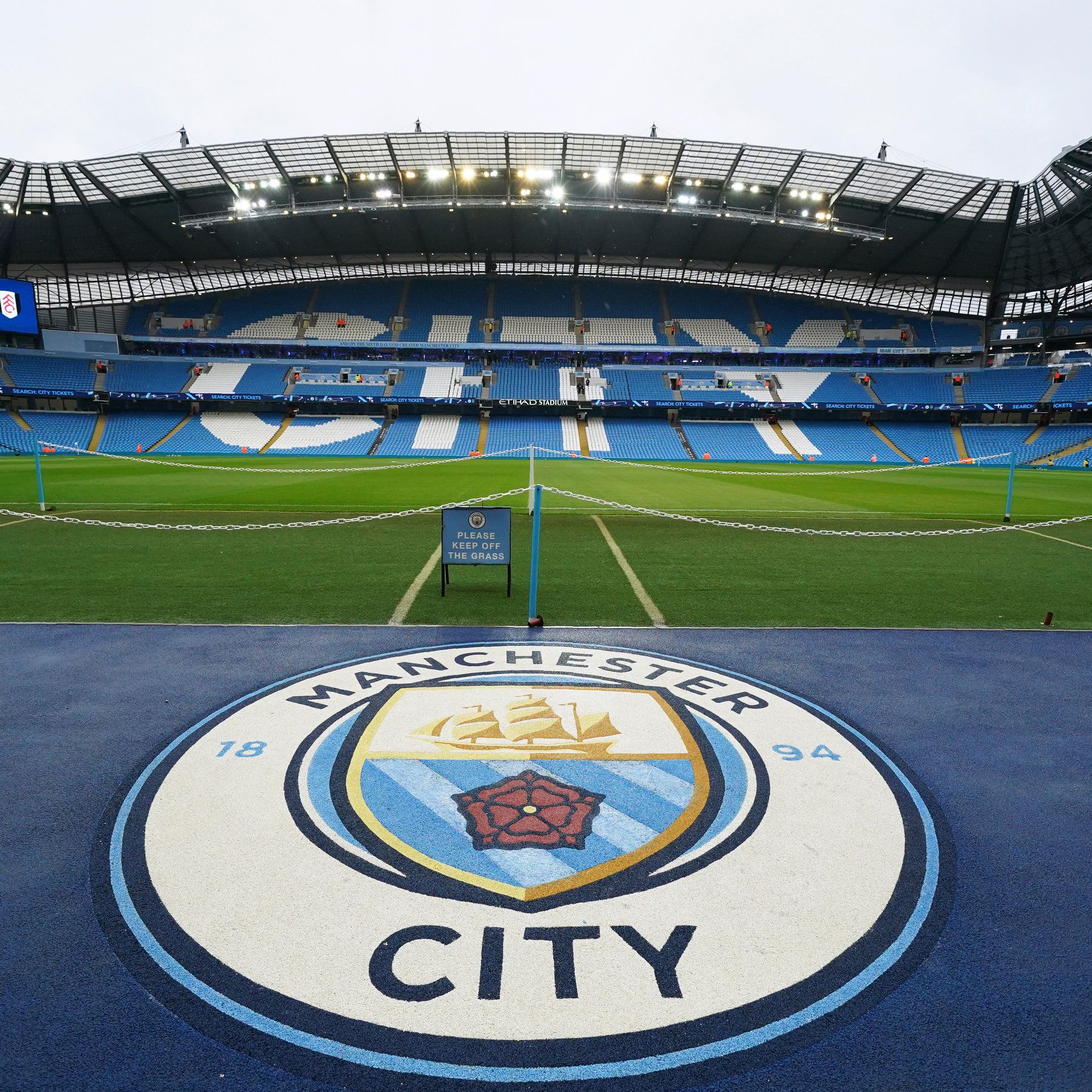 Manchester City hospitality views of the crest and pitch at Etihad Stadium before the Fulham match.