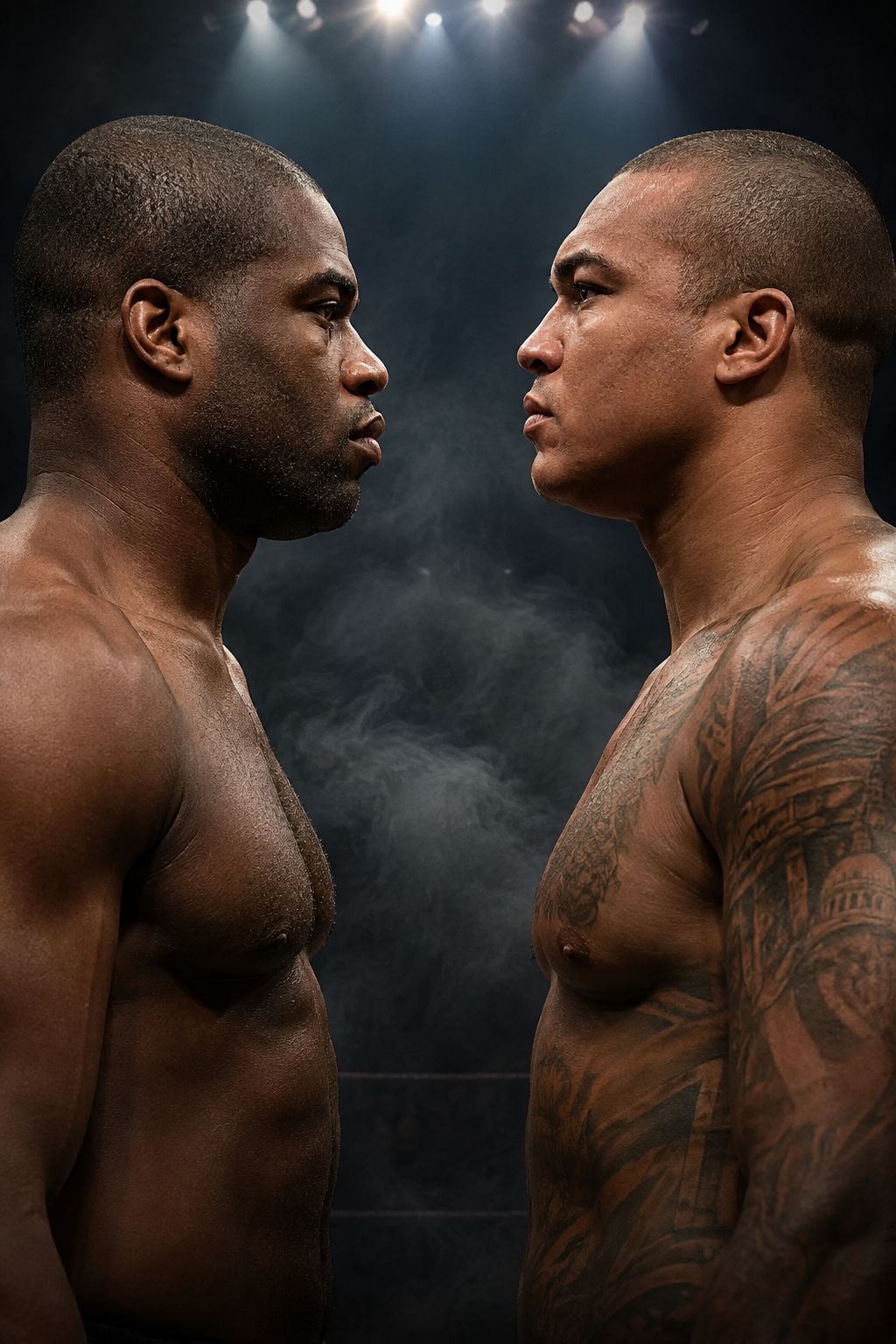 Two shirtless boxers engage in a tense boxing hospitality face-off amidst dramatic arena smoke.