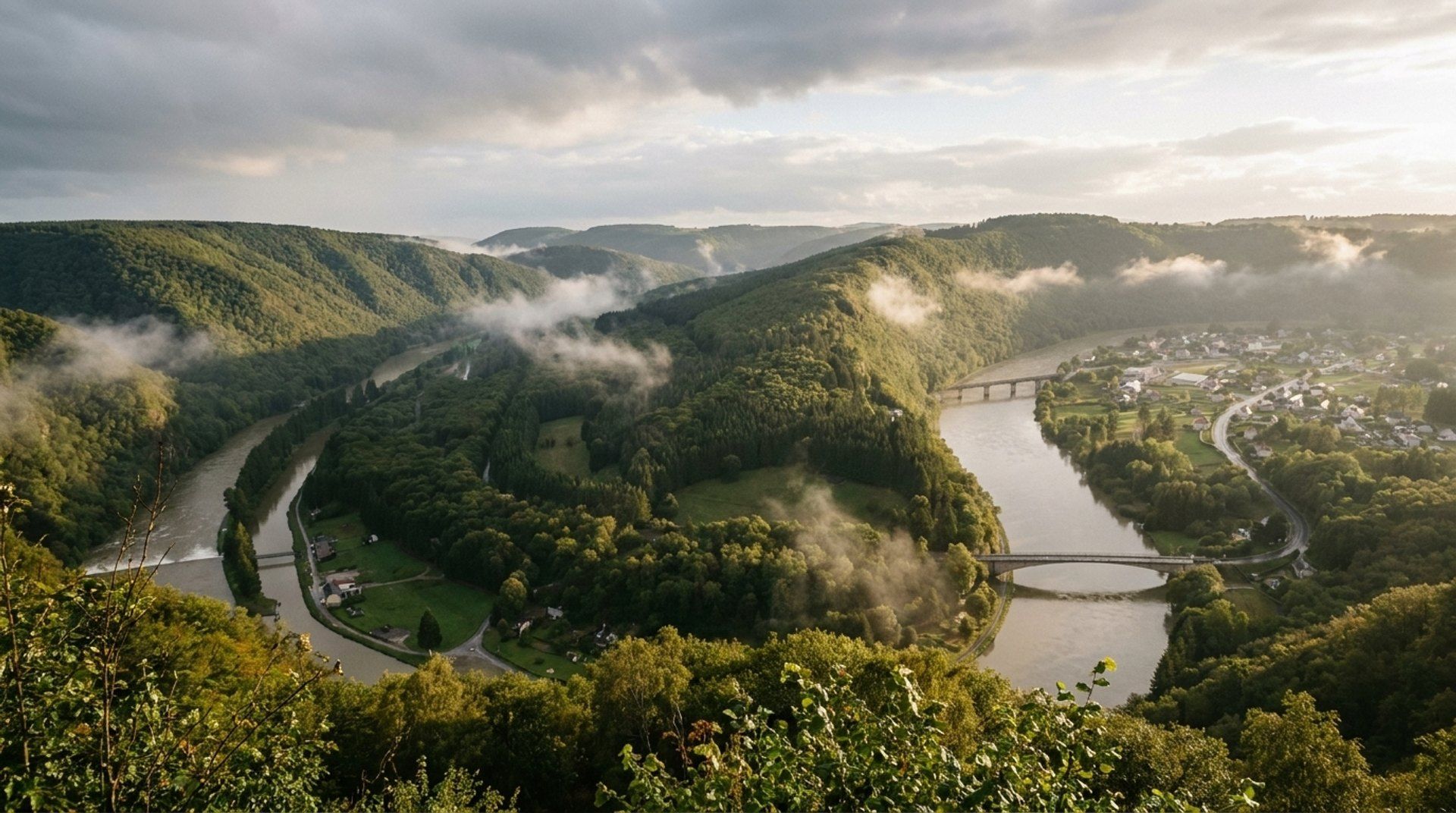 Dense Ardennes forest and rolling green hills around Spa-Francorchamps, clearing after rain