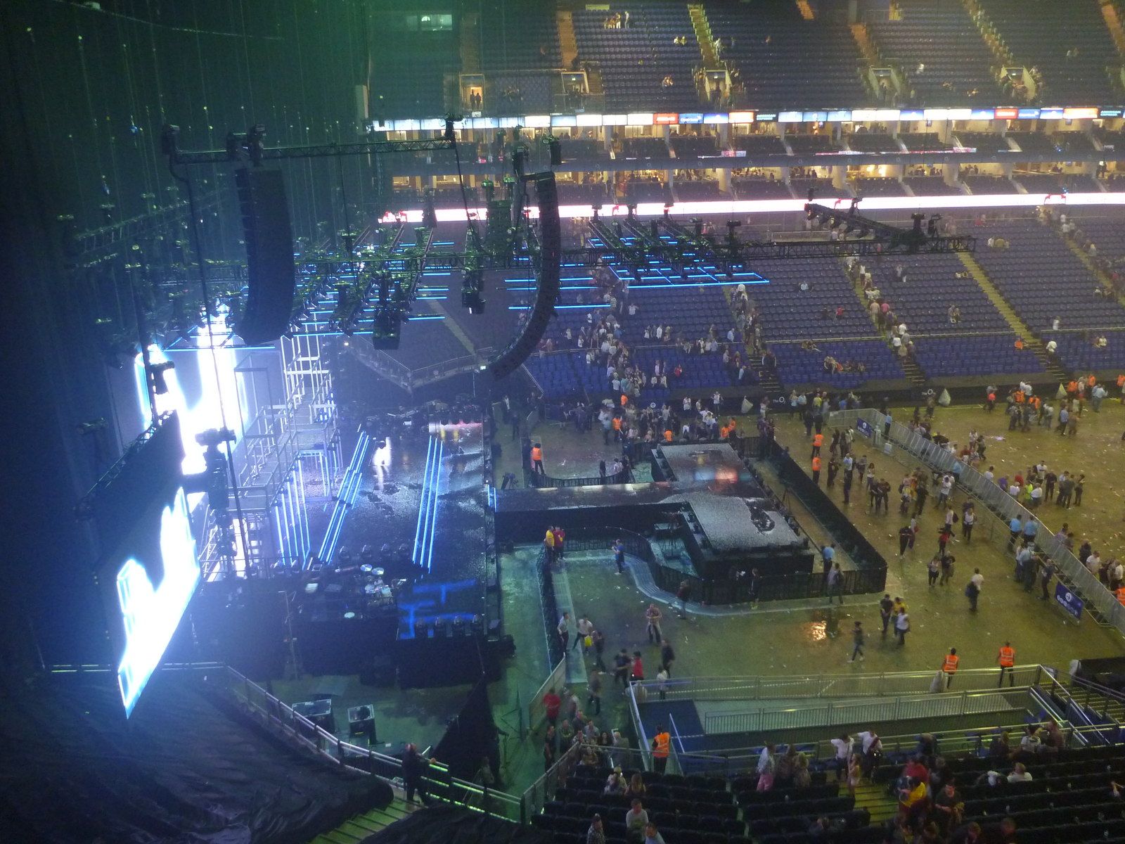 An empty stage and the seating bowl inside The Arena, London, photographed in 2014