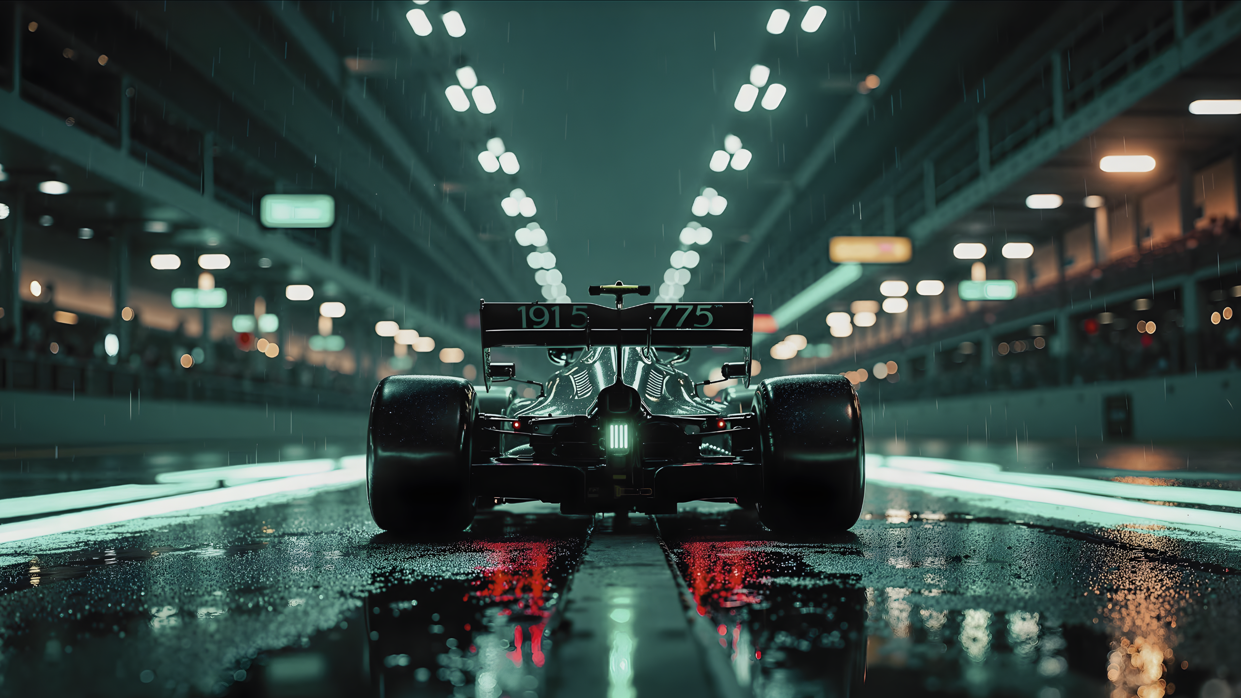 Modern F1 car in wet pit lane, glowing green light, high-tech night race under stadium lights.