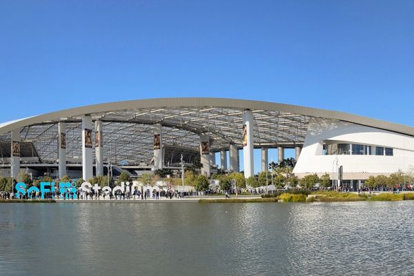 The exterior of SoFi Stadium in Inglewood, California, in April 2023