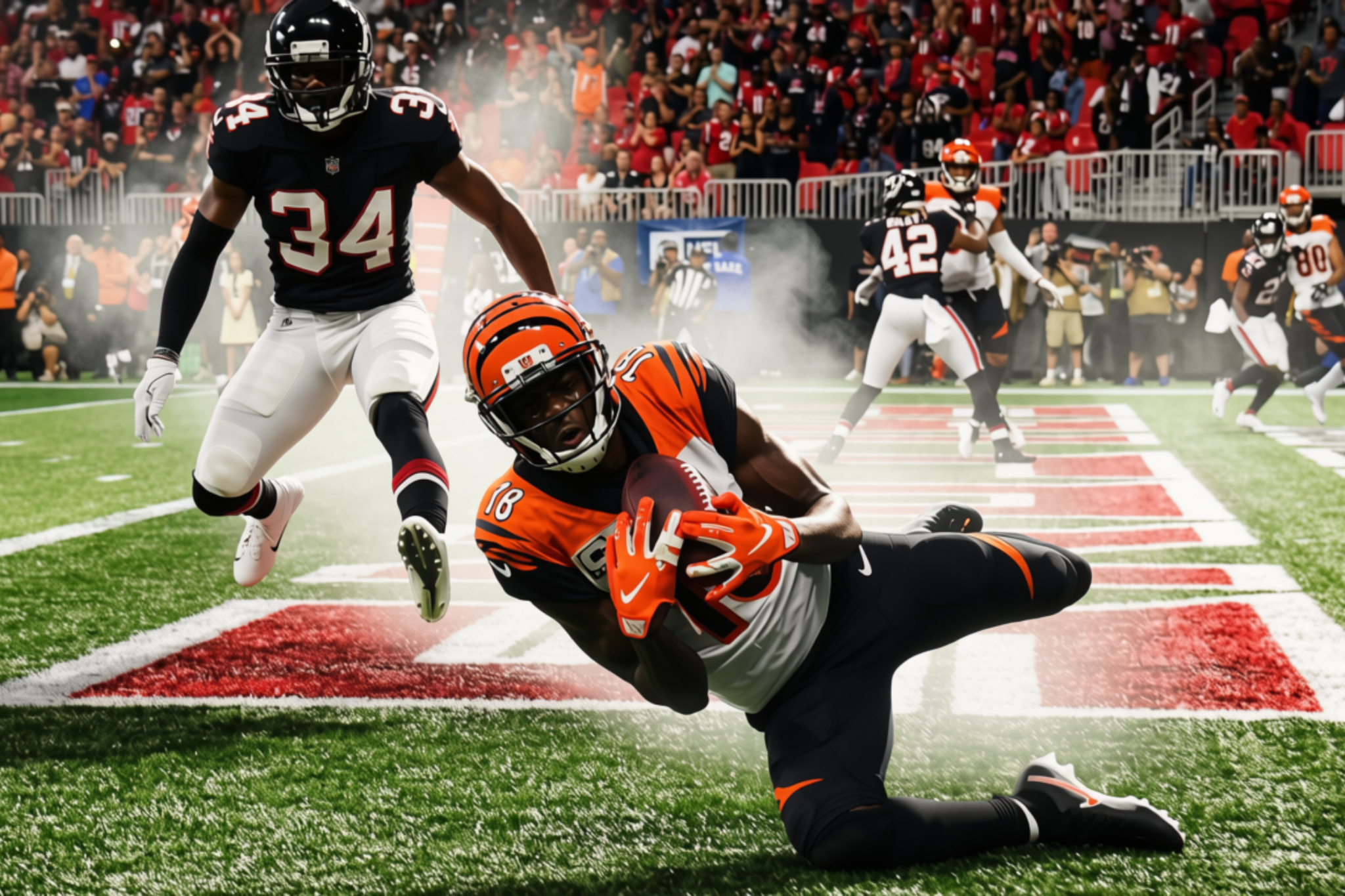 Bengals dives for a catch as Falcons other team reacts during intense NFL game action.