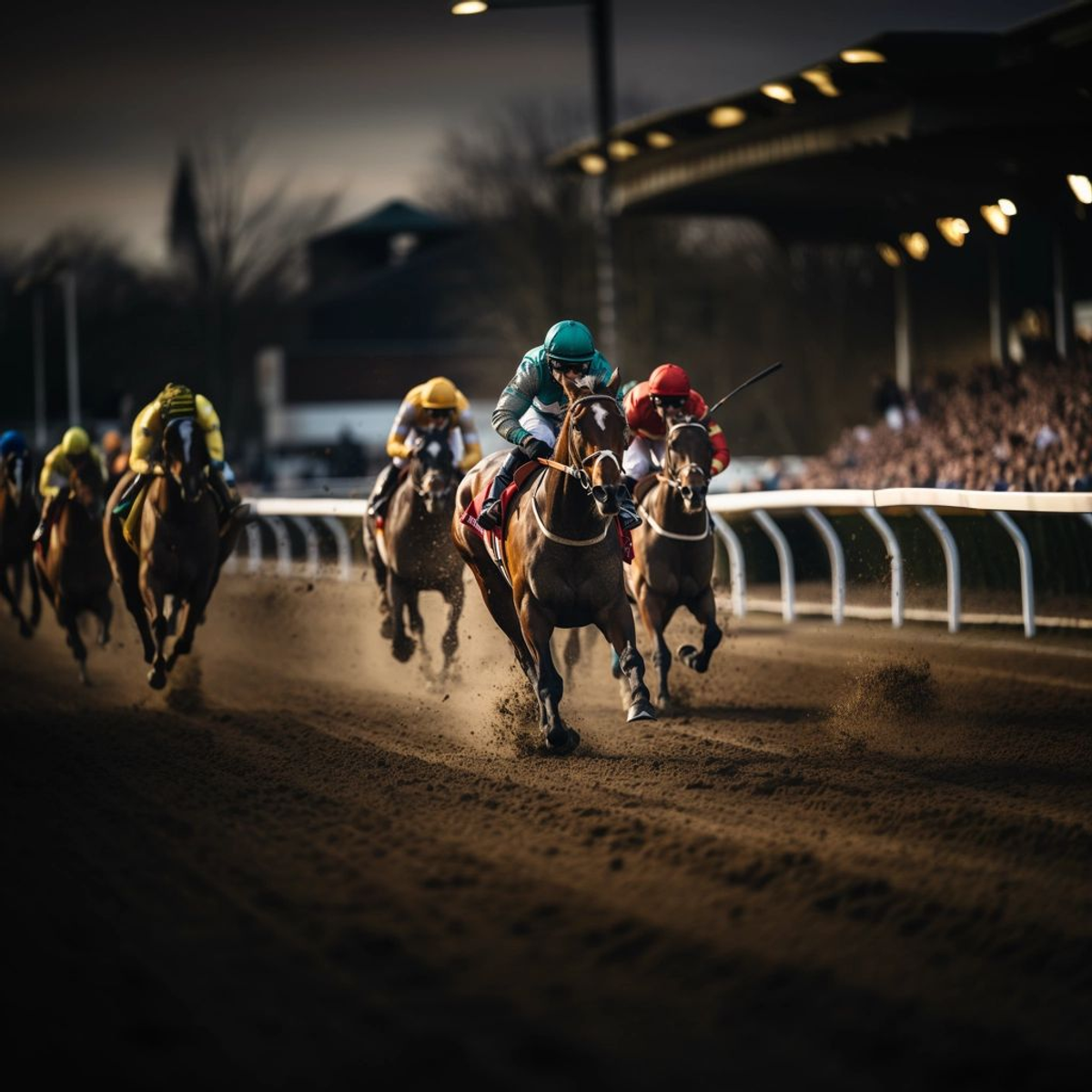 Racehorses and jockeys thunder down a dirt track at dusk during an equestrian sport event.