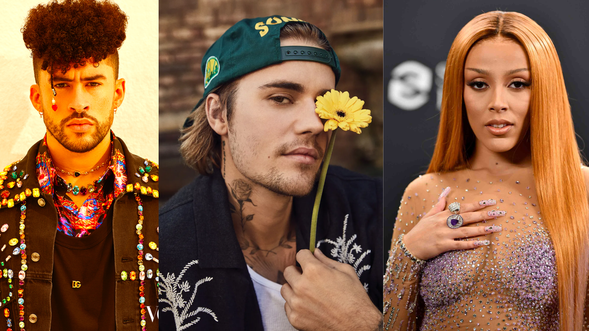 Bad Bunny, Justin Bieber, Doja Cat fashion portraits