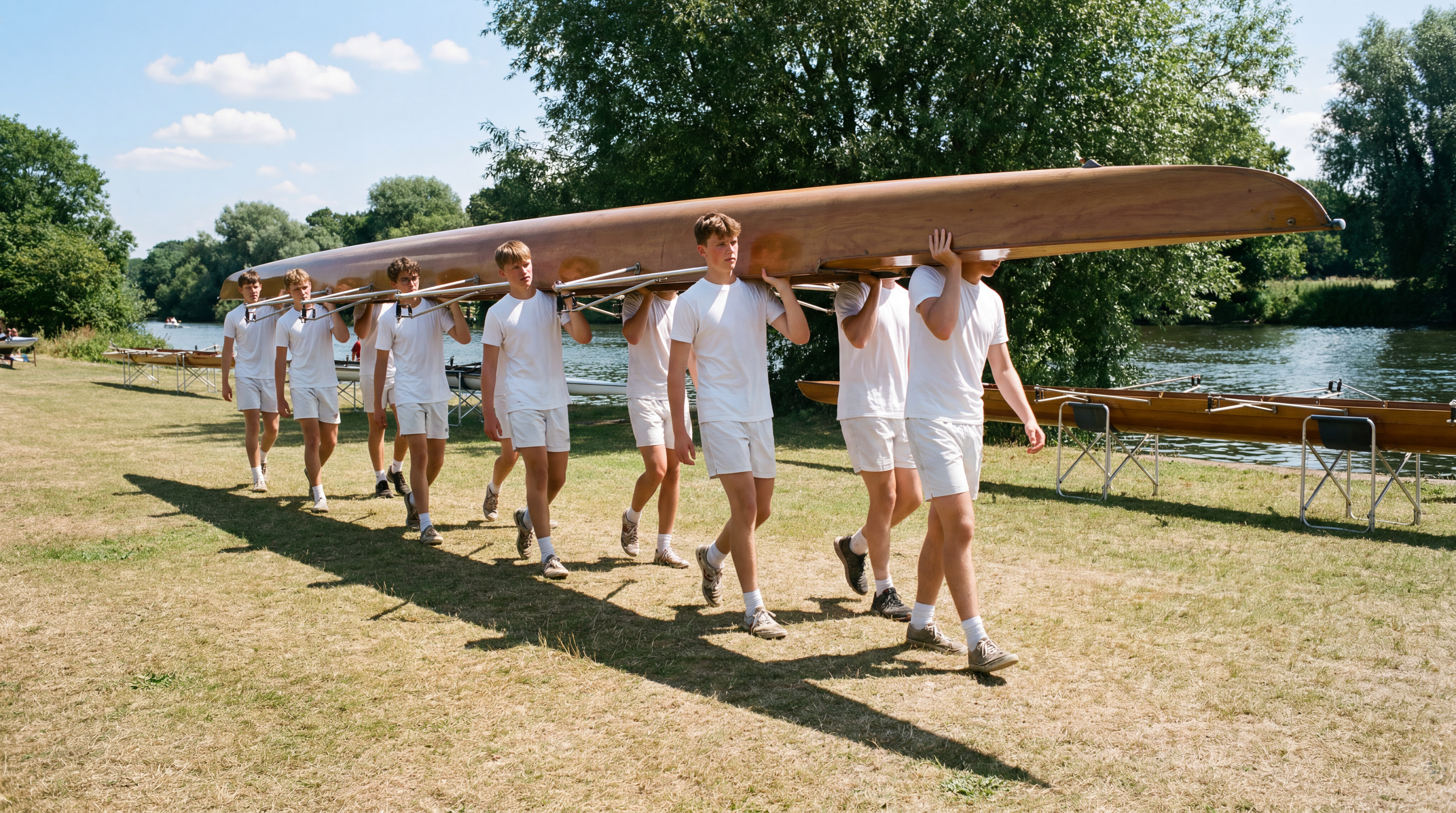 A rowing crew in white kit carry a varnished wooden eight on their shoulders down to the river past racked boats