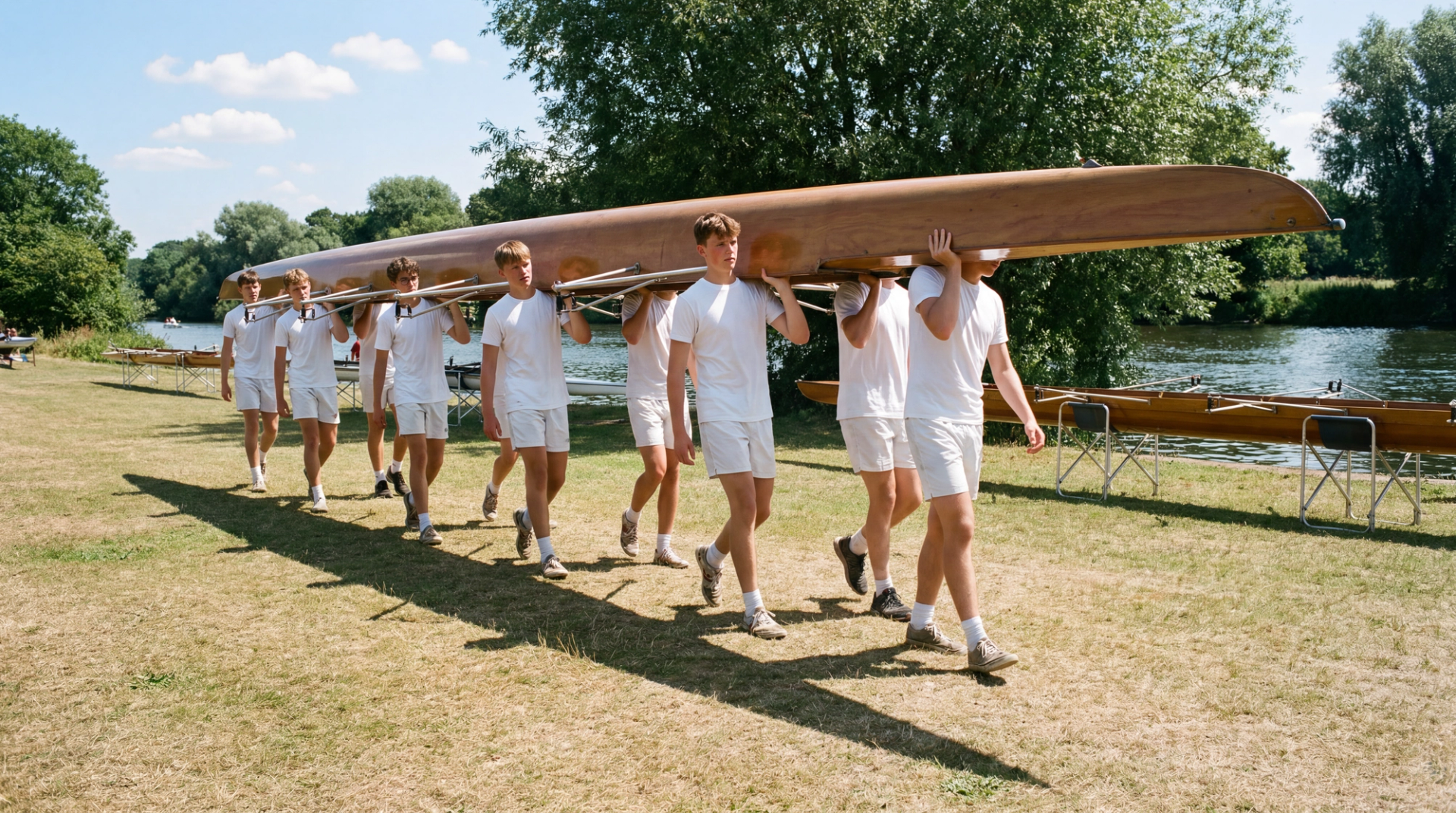 A rowing crew in white kit carry a varnished wooden eight on their shoulders down to the river past racked boats