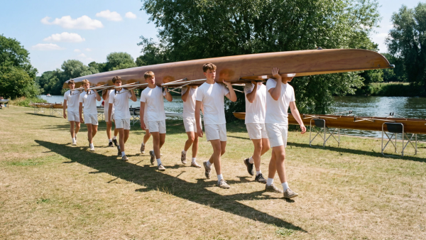 A rowing crew in white kit carry a varnished wooden eight on their shoulders down to the river past racked boats