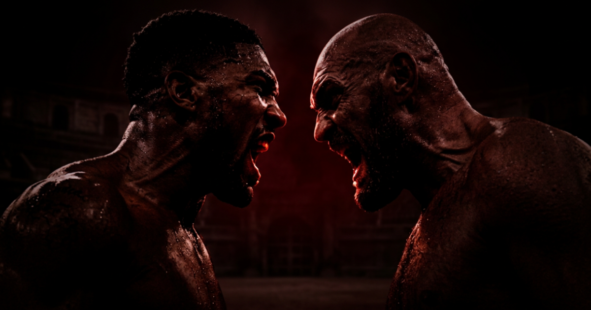 Two heavyweight boxers face to face before a fight