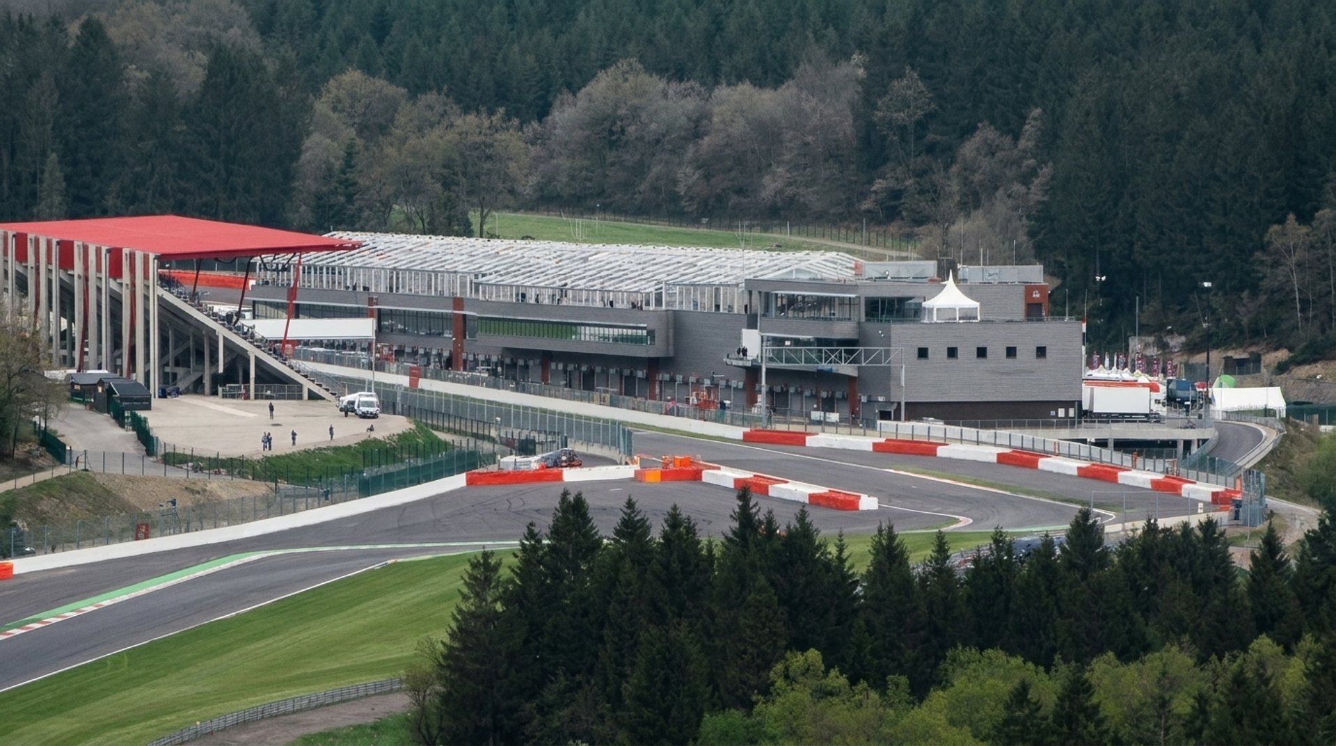 Open air grandstand seating and a giant screen overlooking the track at Circuit de Spa-Francorchamps