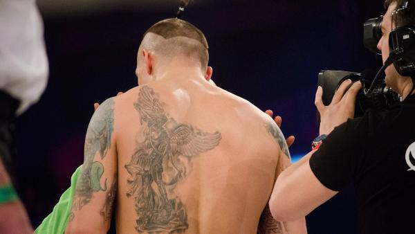 Oleksandr Usyk in the ring against Andrey Knyazev in Kyiv, Ukraine, in April 2015