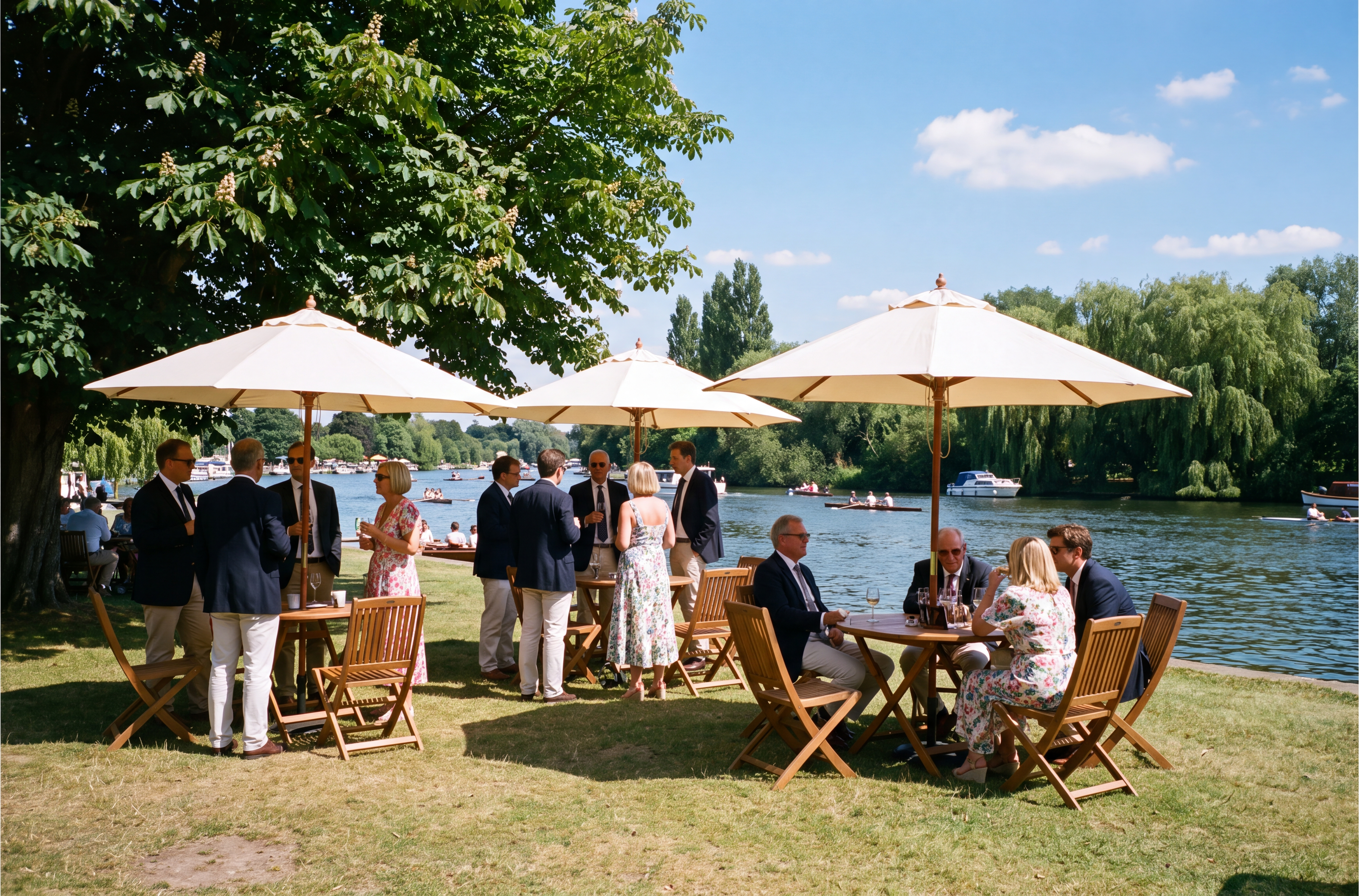 Guests in summer suits and dresses at teak tables under cream parasols beside a river, small boats passing behind