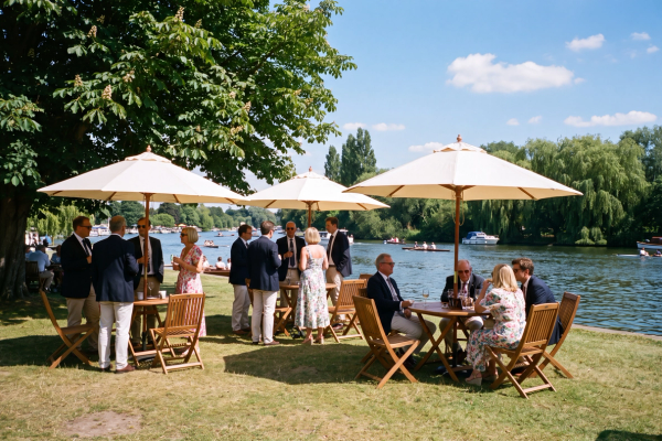 Guests in summer suits and dresses at teak tables under cream parasols beside a river, small boats passing behind
