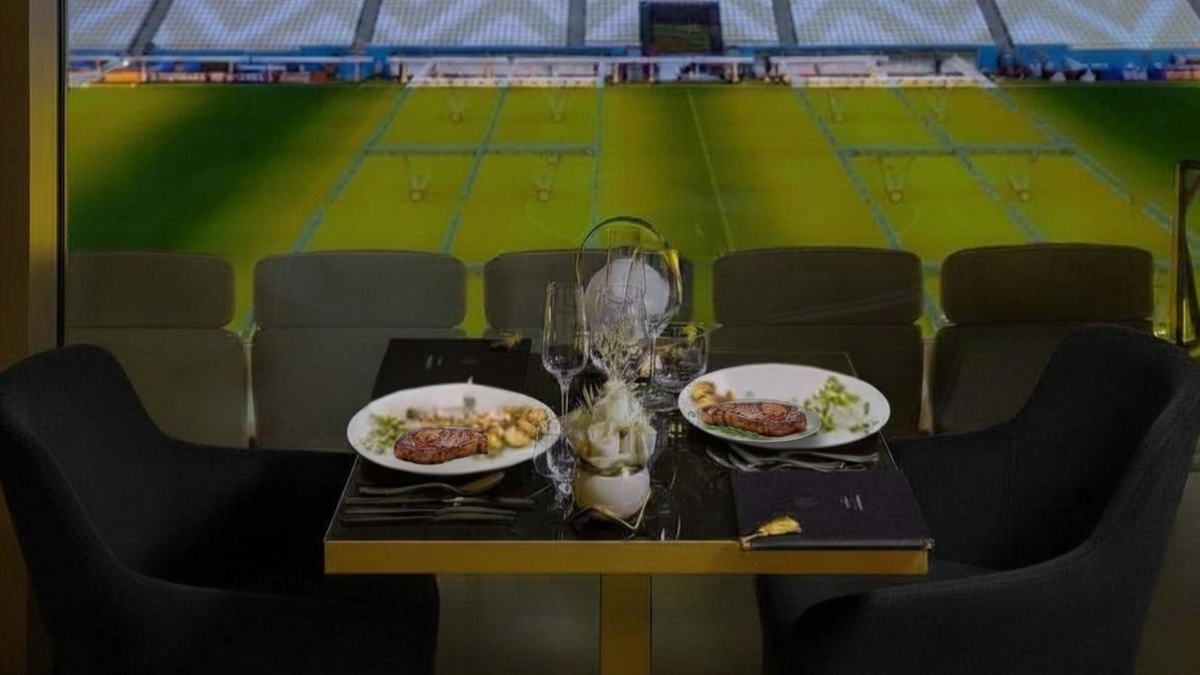 Luxury stadium dining table with pitch view