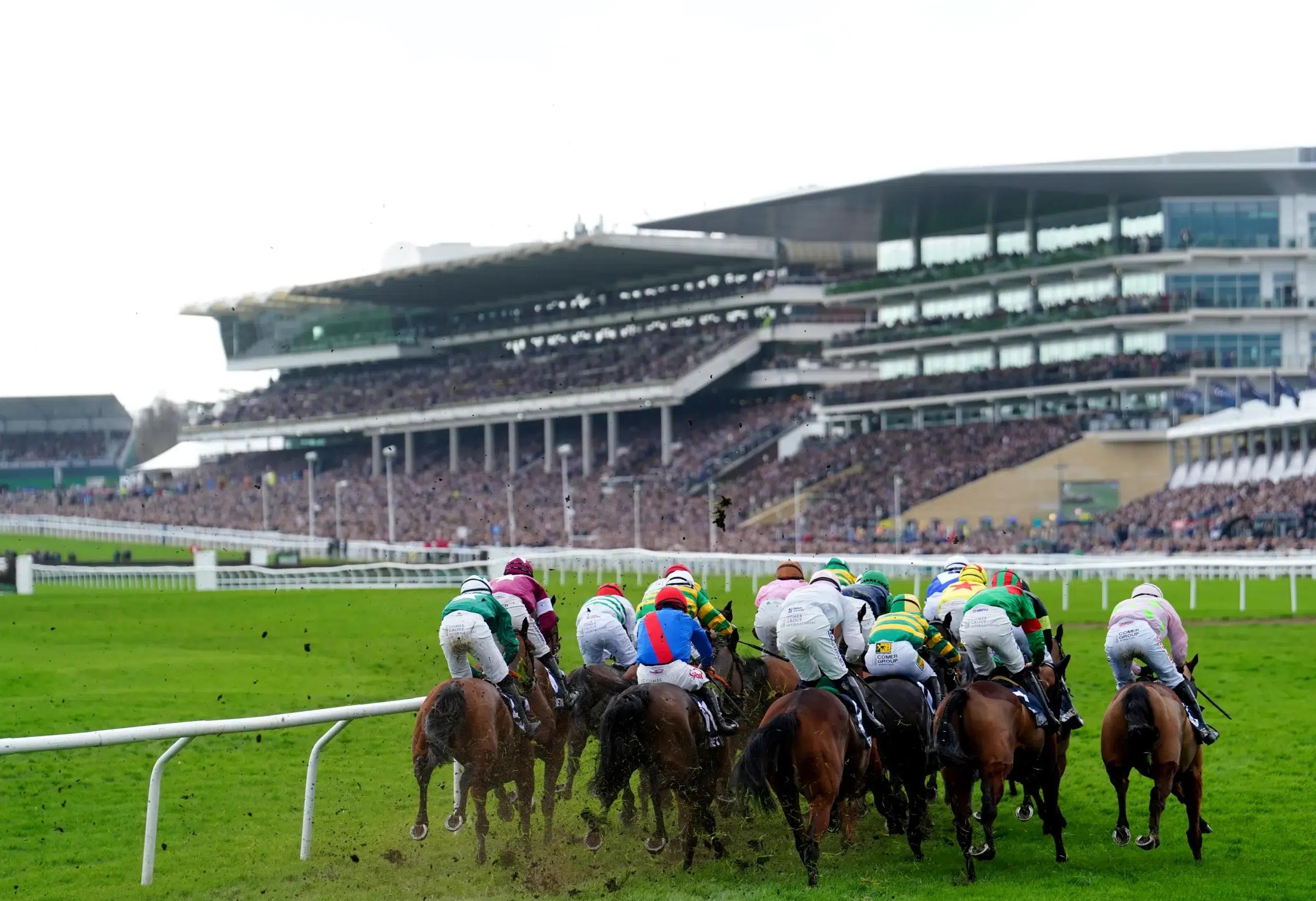 Jockeys and horses in action at Cheltenham Racecourse during the Cheltenham Festival, with a packed grandstand creating 