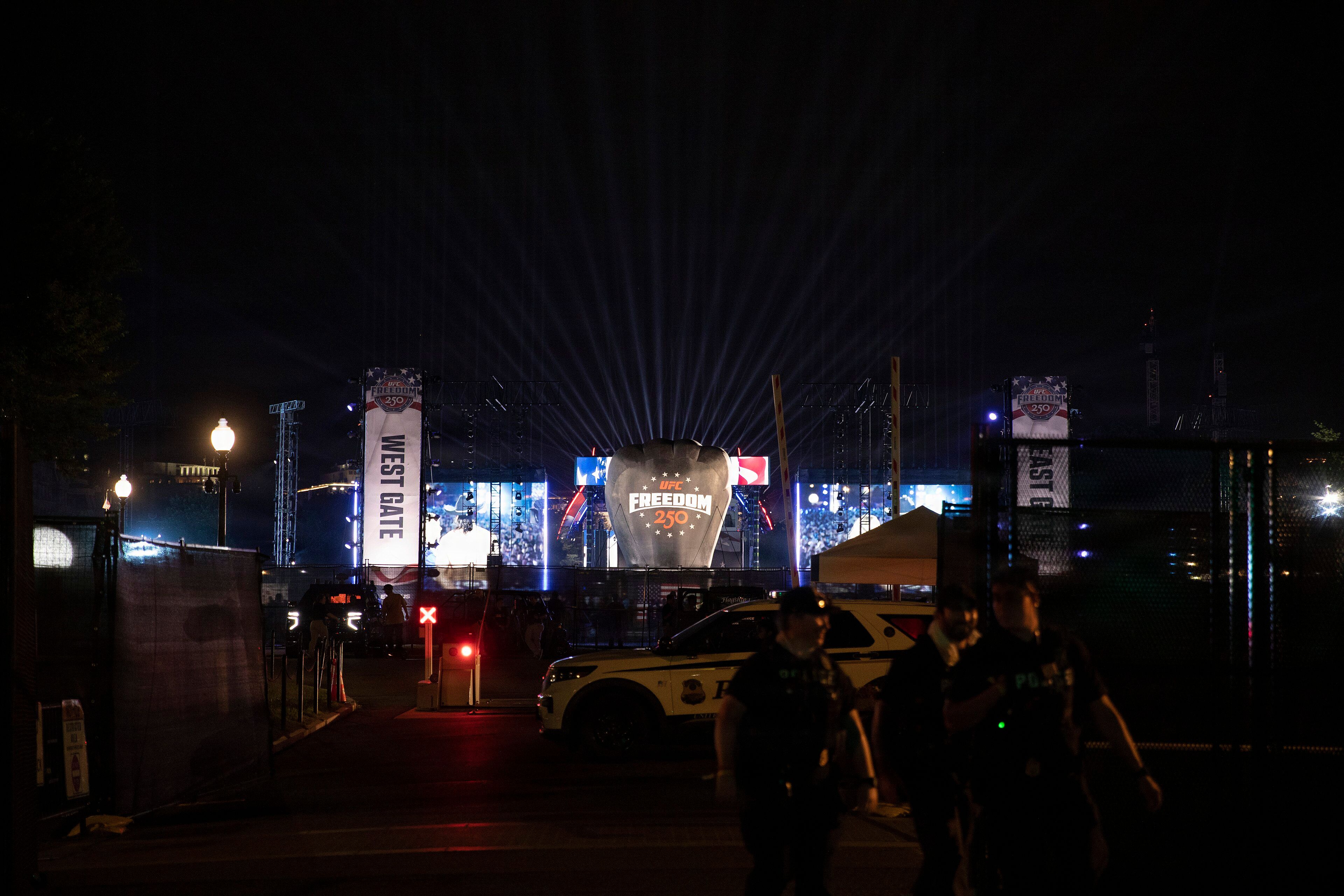 Lights around the UFC Octagon at night during the UFC Freedom 250 event in Washington, June 2026