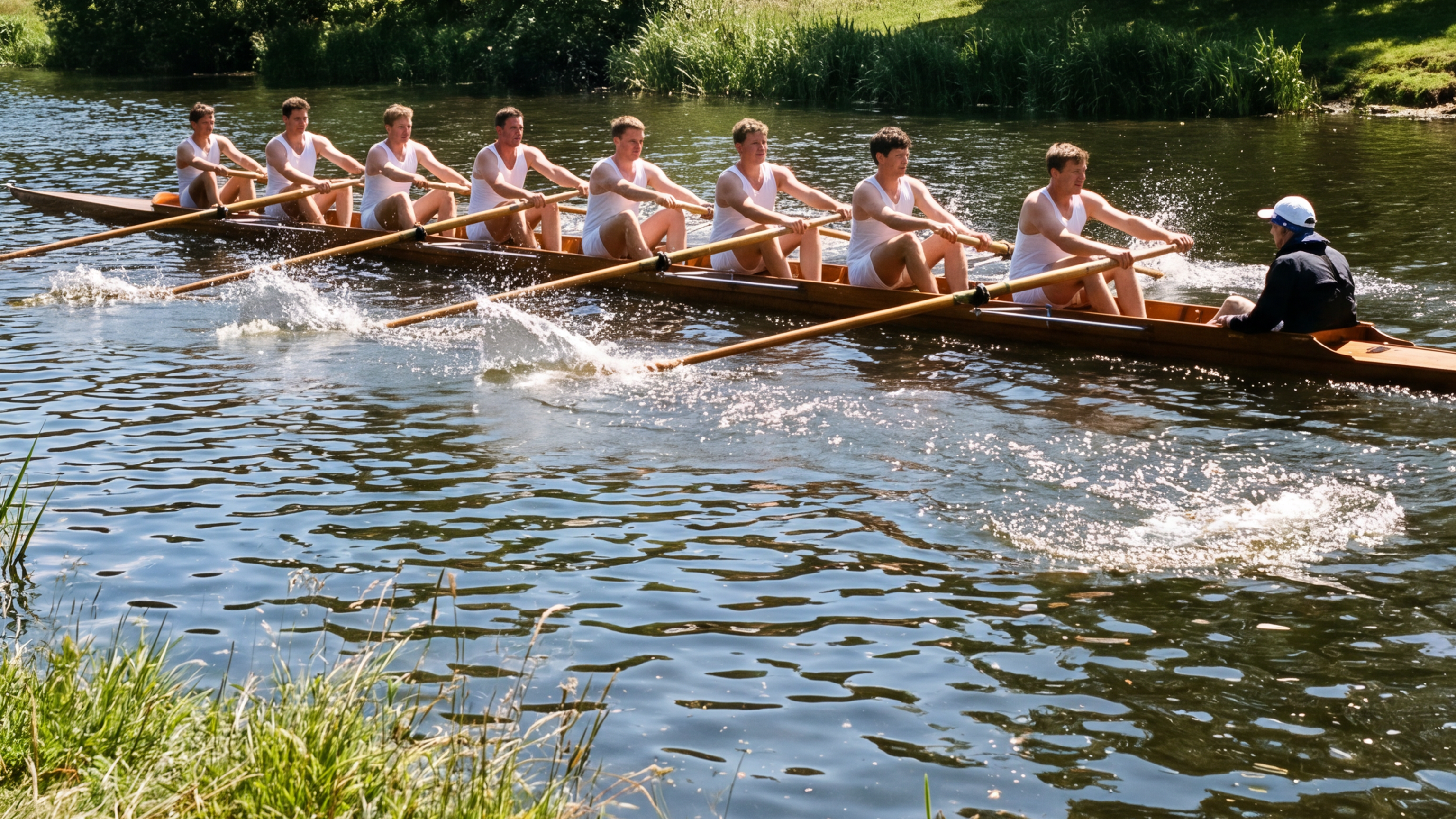 A men's coxed rowing eight pulling together on a calm tree-lined river on a sunny summer day
