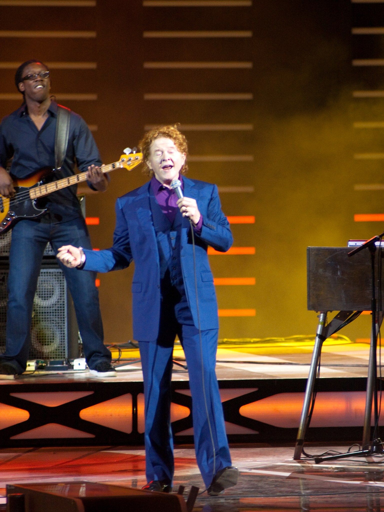 Mick Hucknall singing on stage in a blue three-piece suit beside the band's bass player