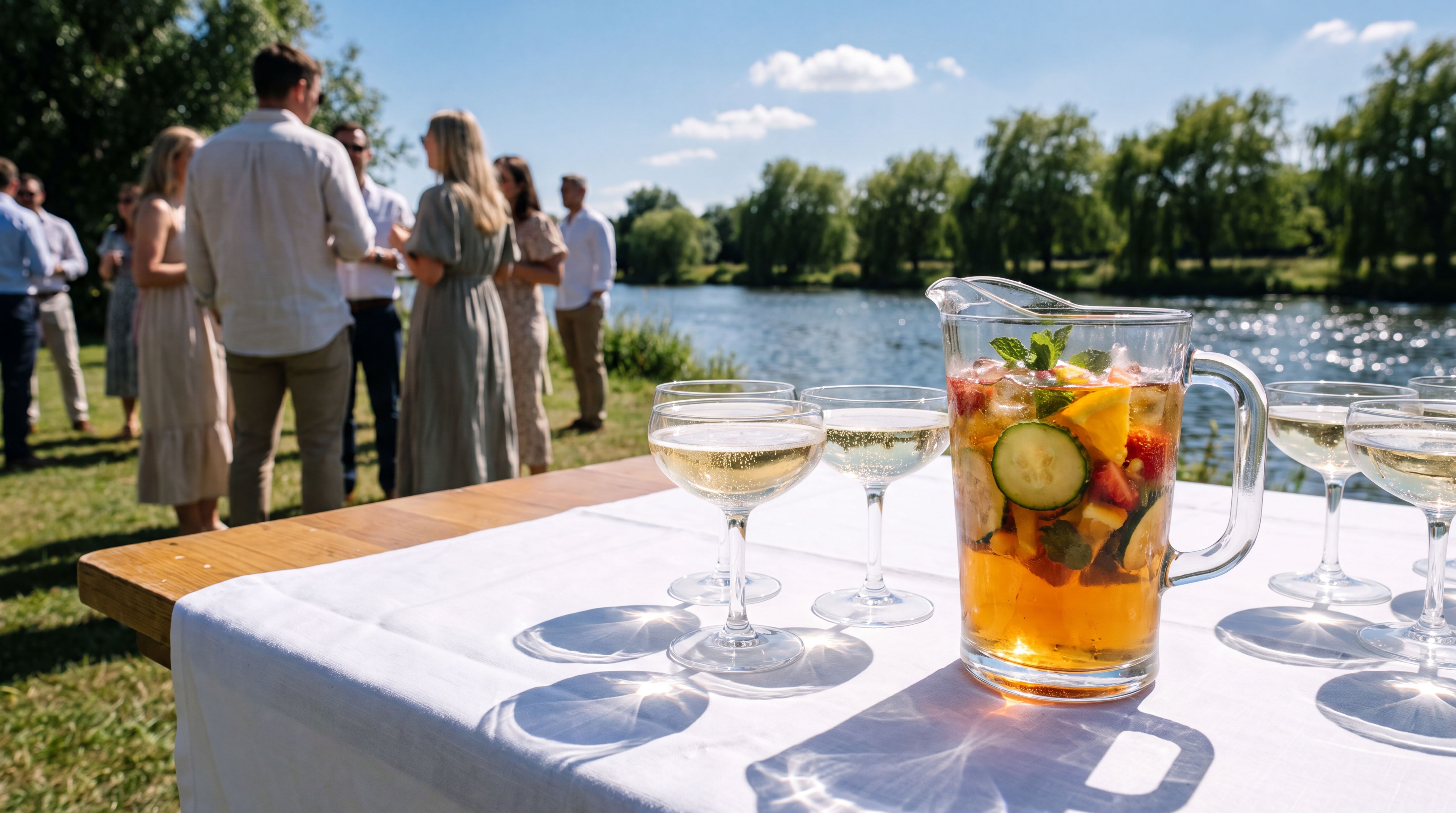 A fruit-filled summer drink in a glass jug beside champagne coupes on a white-clothed table by a river, guests behind