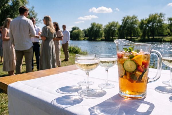 A fruit-filled summer drink in a glass jug beside champagne coupes on a white-clothed table by a river, guests behind
