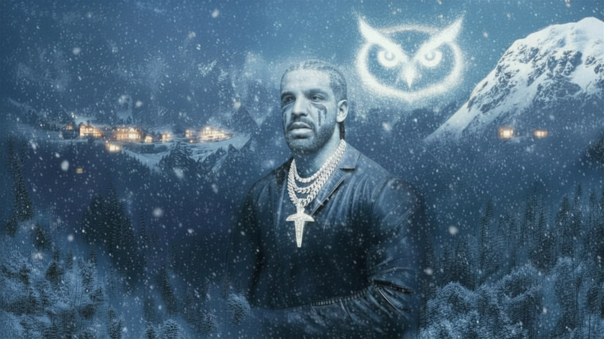 Drake in icy OVO winter wonderland art, chains & snow Credit Steve Hill