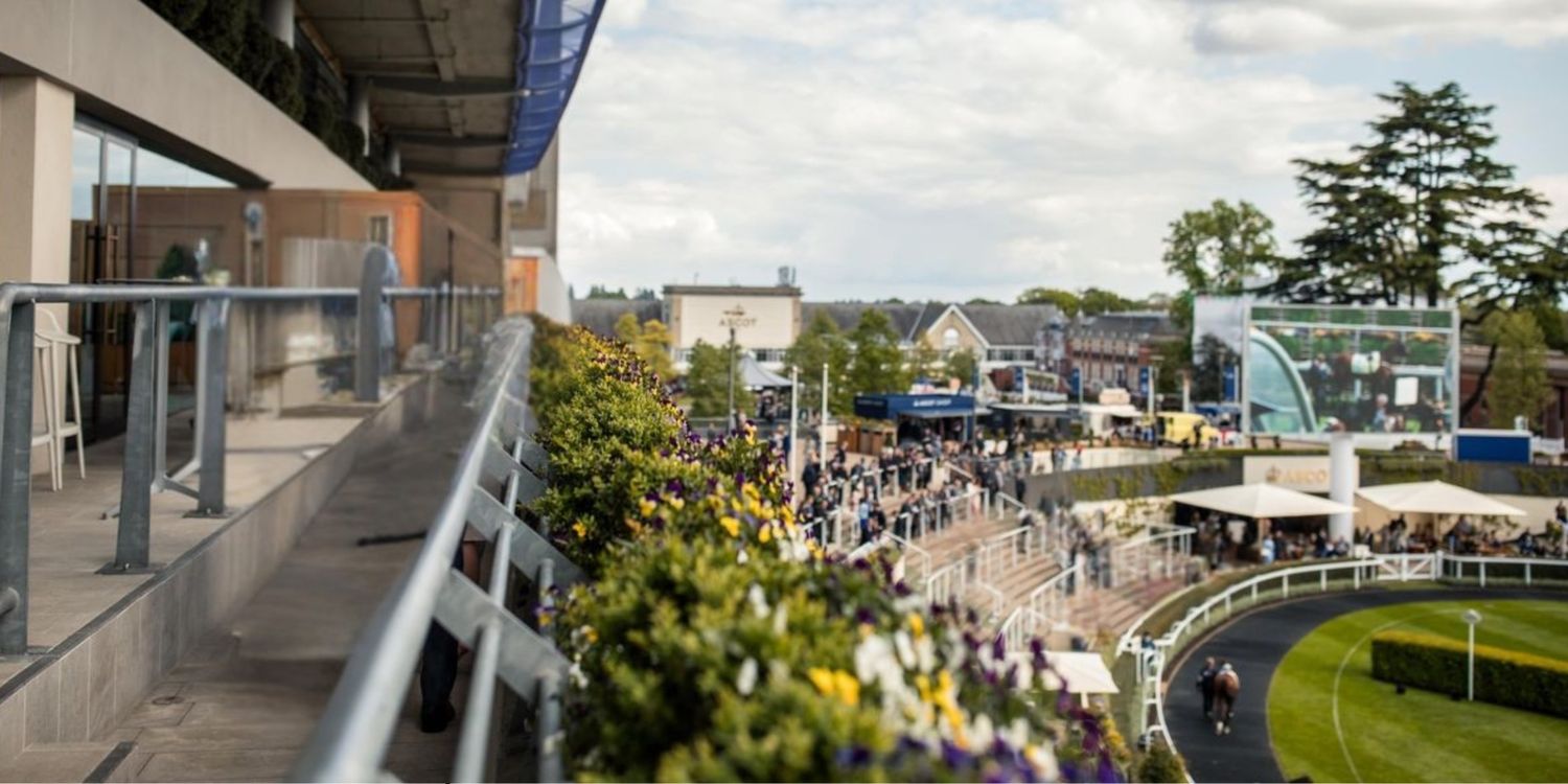 Ascot Racecourse premium hospitality balcony overlooks two horses on the track and busy stands.
