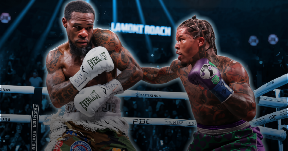 Gervonta Davis and Lamont Roach Jr. boxing in a dramatic, spotlight-lit ring with sponsors.