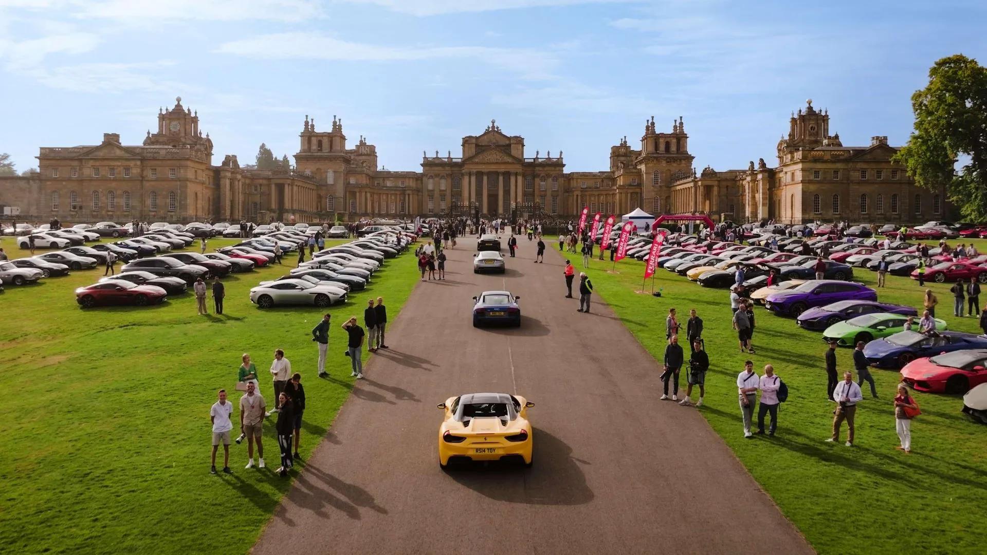 Supercars, including Ferraris & Aston Martins, displayed at Blenheim Palace car show.