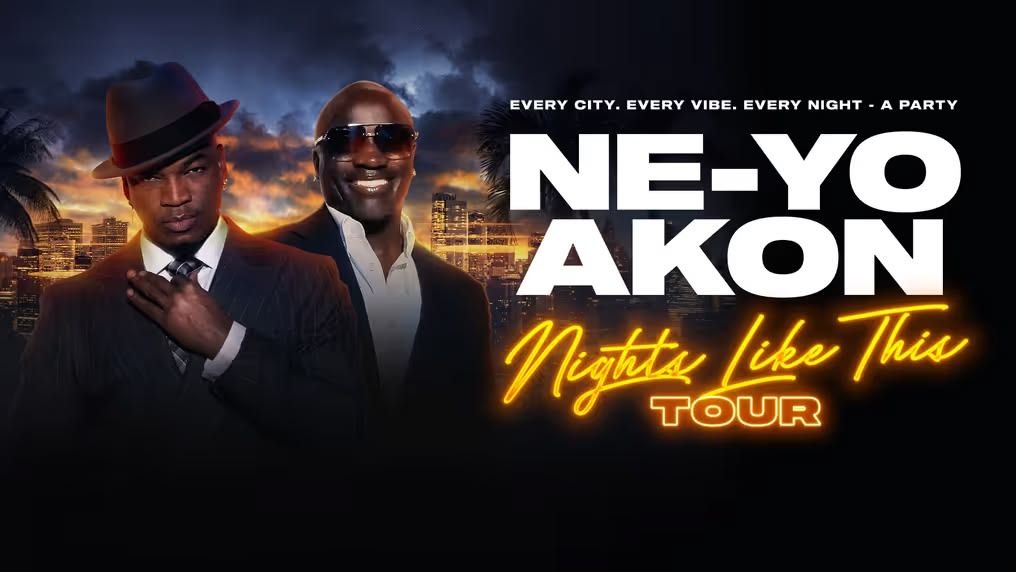 Ne-Yo in pinstripe suit, Akon in sunglasses smile on "Nights Like This Tour" poster.