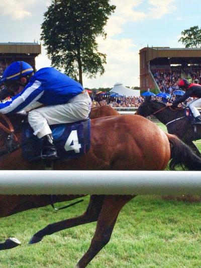 Racehorses and jockeys galloping past packed grandstands on a summer evening at Newmarket's July Course