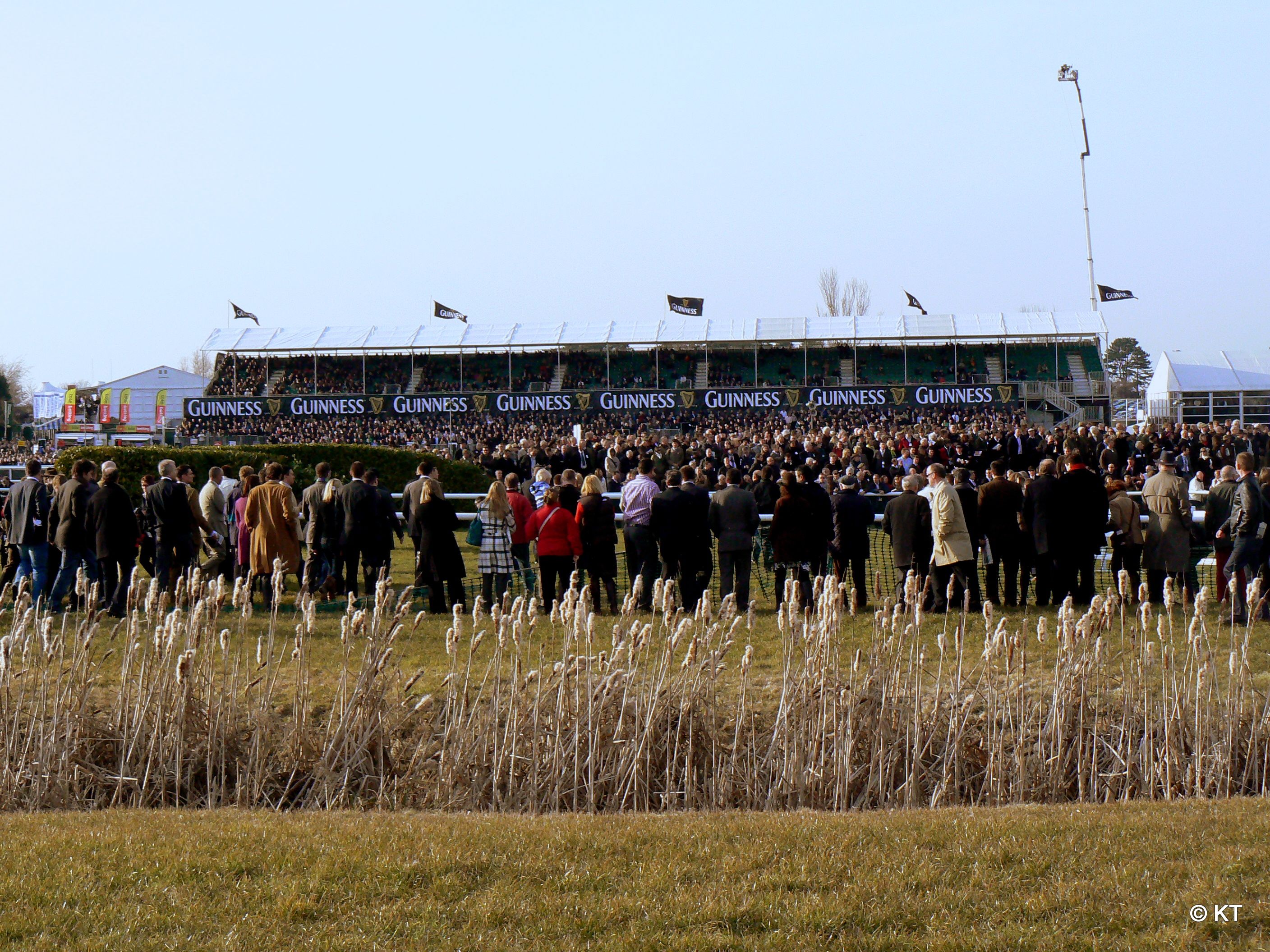 Racegoers watching the cross country chase from the rail at the Cheltenham Festival