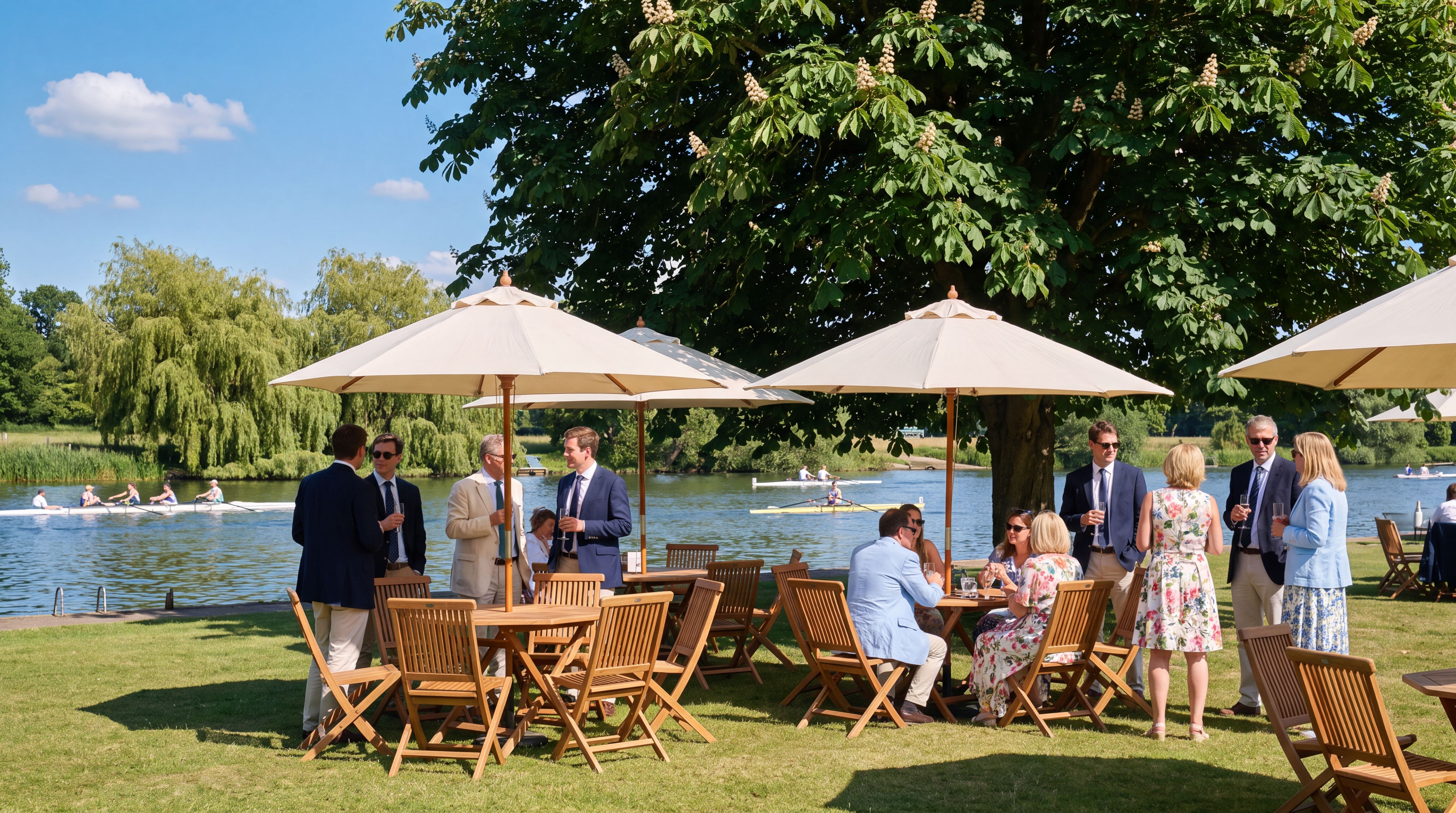 Smartly dressed guests with champagne under cream parasols at a riverside garden party, rowing boats on the water behind