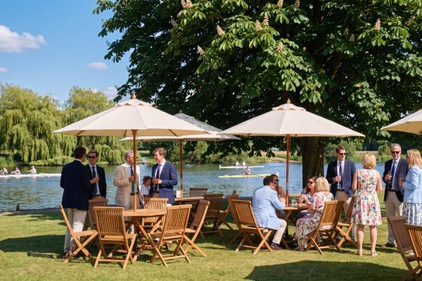 Smartly dressed guests with champagne under cream parasols at a riverside garden party, rowing boats on the water behind