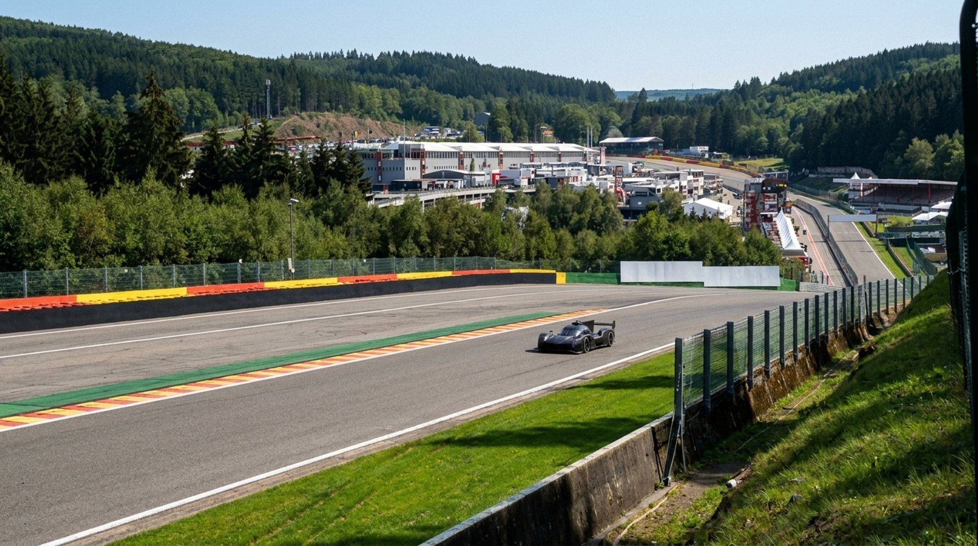 The Raidillon crest at Circuit de Spa-Francorchamps at golden hour with grandstands and forest
