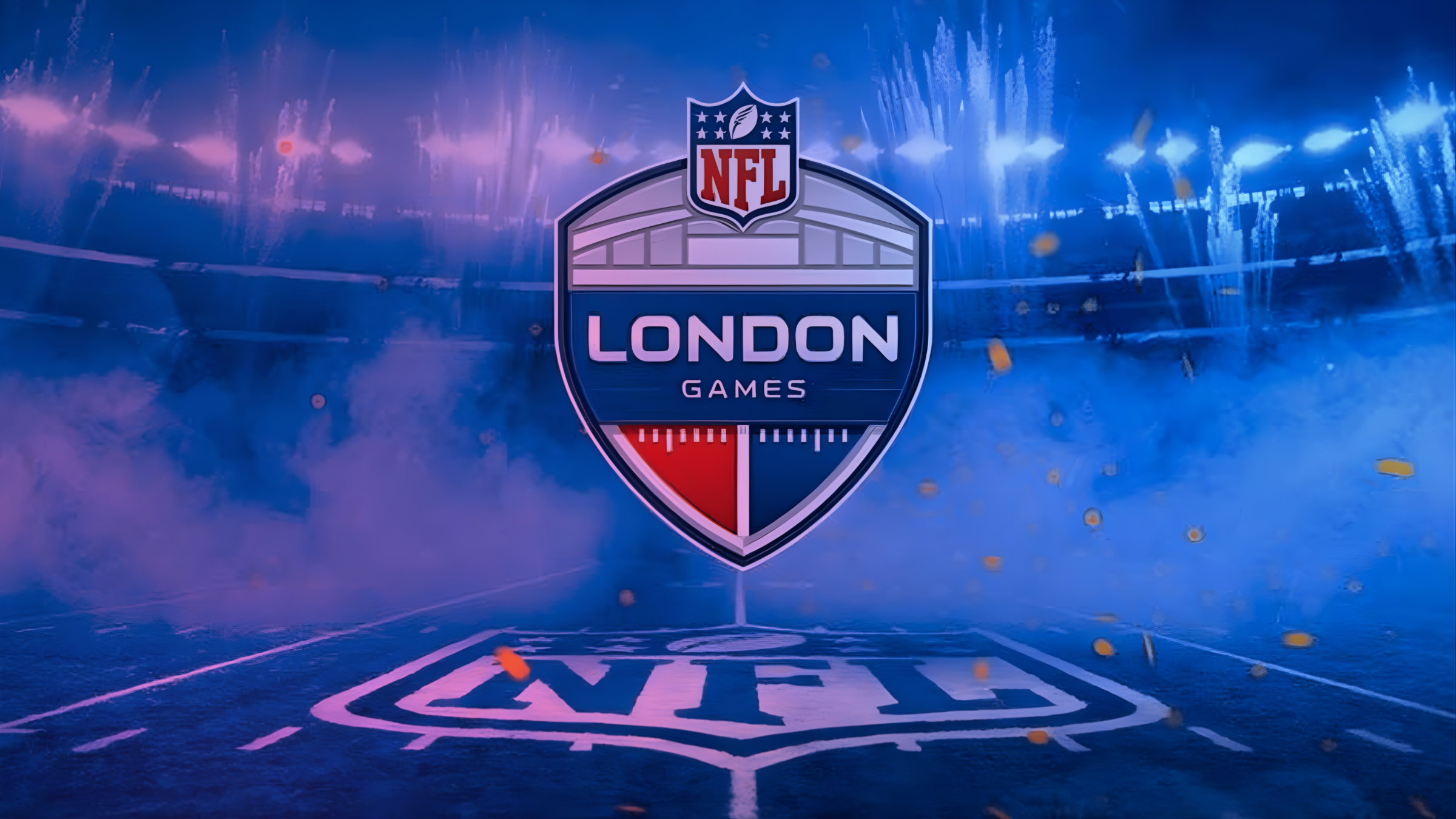 NFL London Games logo on field with stadium lit in purple/blue, pyrotechnics, and confetti.