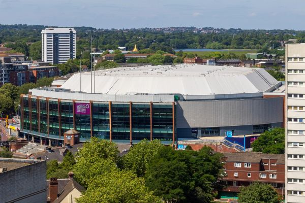 Utilita Arena Birmingham seen from the Library of Birmingham in July 2024