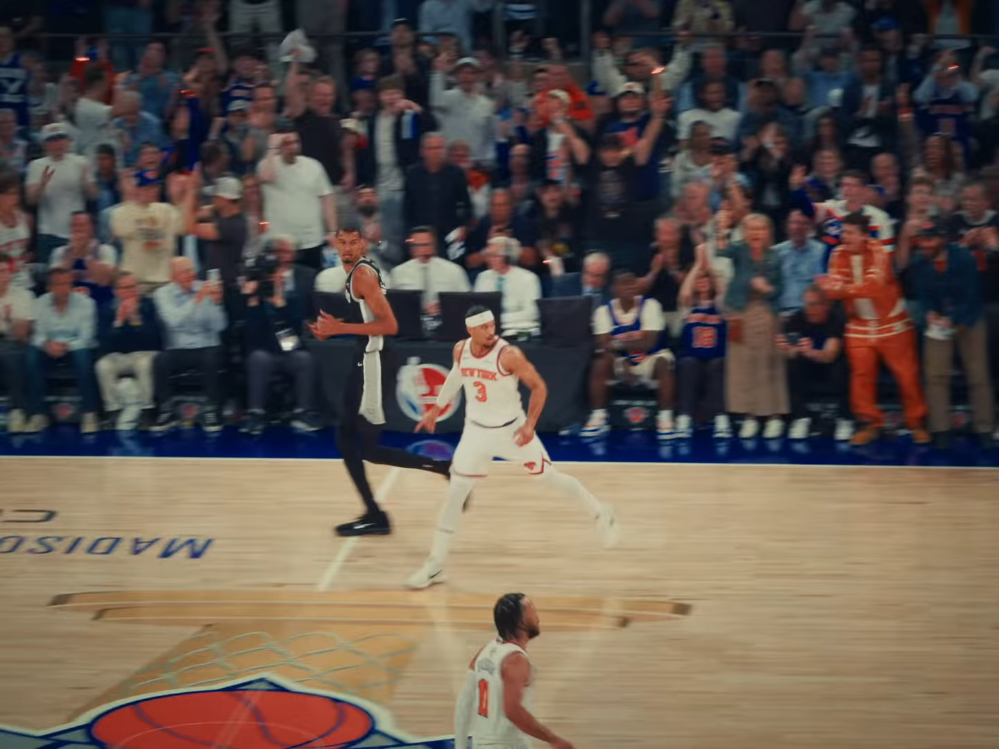 Victor Wembanyama of the San Antonio Spurs and Josh Hart of the New York Knicks during Game 3 of the 2026 NBA Finals