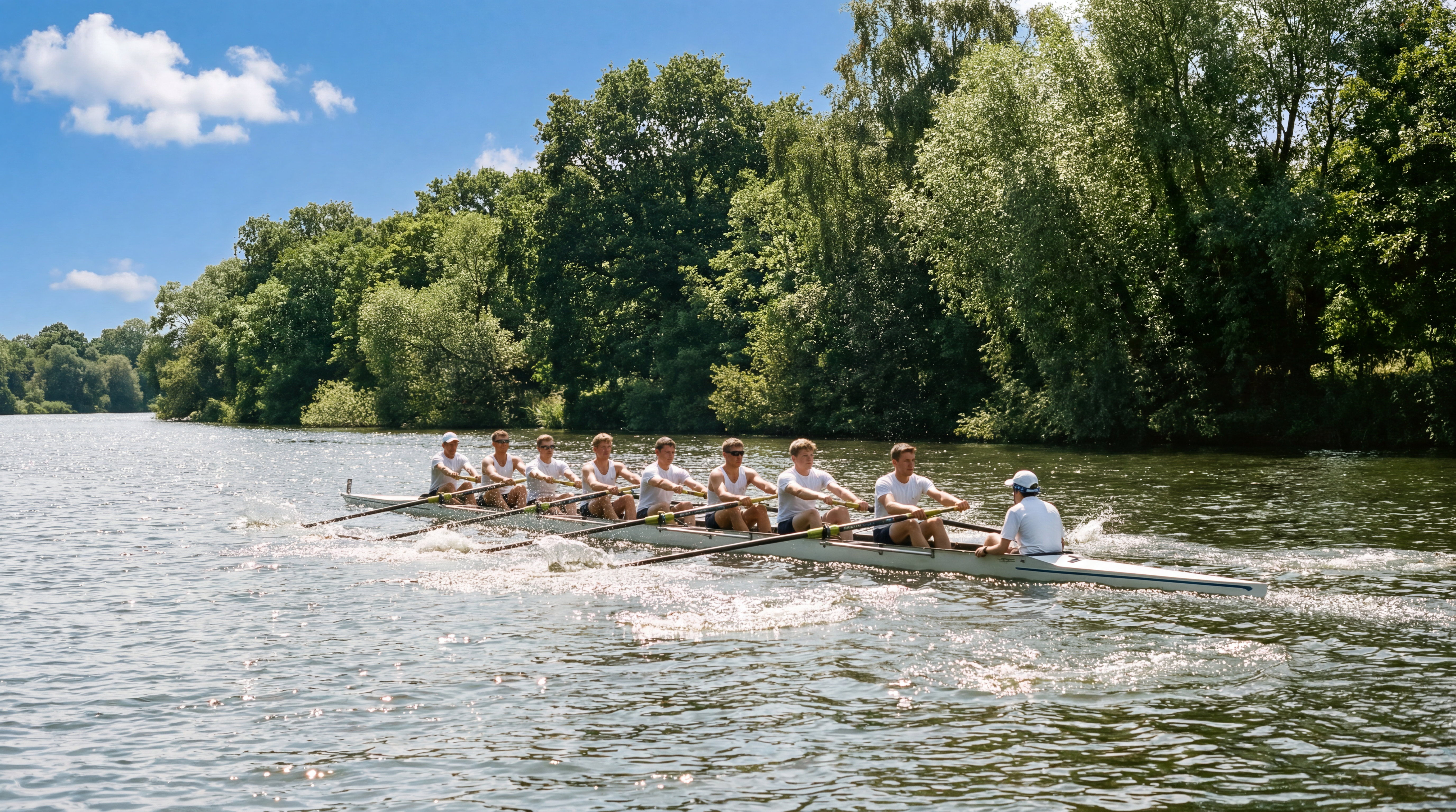 A rowing eight and its cox racing on a calm tree-lined river on a bright summer day