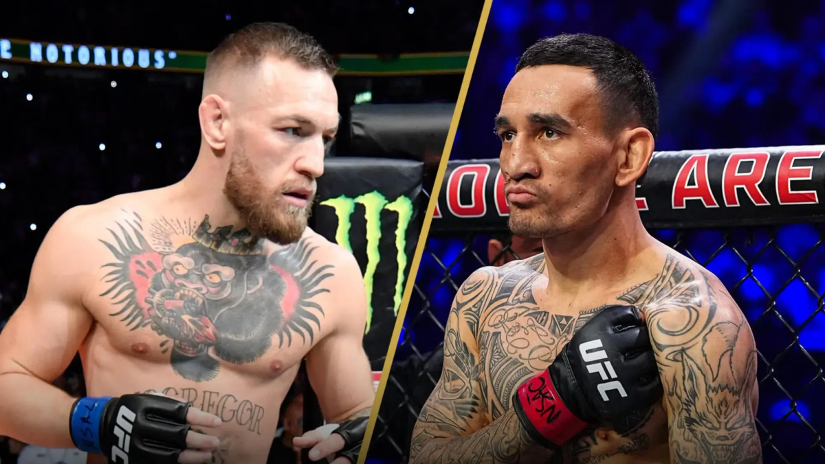 McGregor and Holloway face off, UFC gloves, intense stare. Max Holloway and McGregor 2 UFC 329 